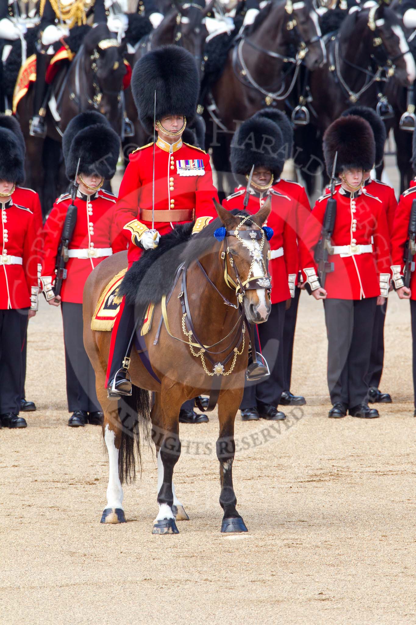 The Colonel's Review 2011: The Field Officer, Lieutenant Colonel L P M Jopp, in front of No. 2 Guard, B Company Scots Guards, behind them the Household Cavalry..
Horse Guards Parade, Westminster,
London SW1,

United Kingdom,
on 04 June 2011 at 11:10, image #114