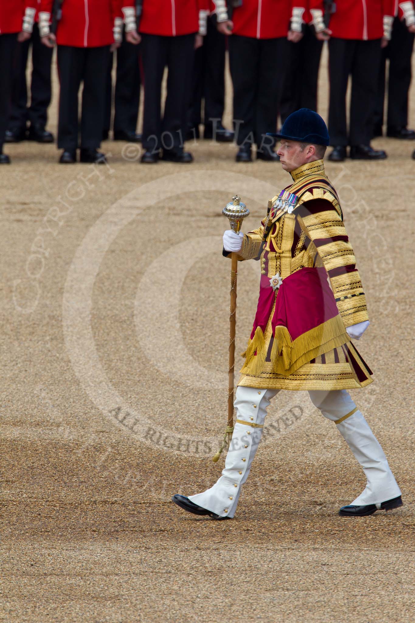 The Colonel's Review 2011: Drum Major Scott Fitzgerald, Coldstream Guards, marching in front of 'his' Band of the Coldstream Guards at The Colonel's Review..
Horse Guards Parade, Westminster,
London SW1,

United Kingdom,
on 04 June 2011 at 11:11, image #116