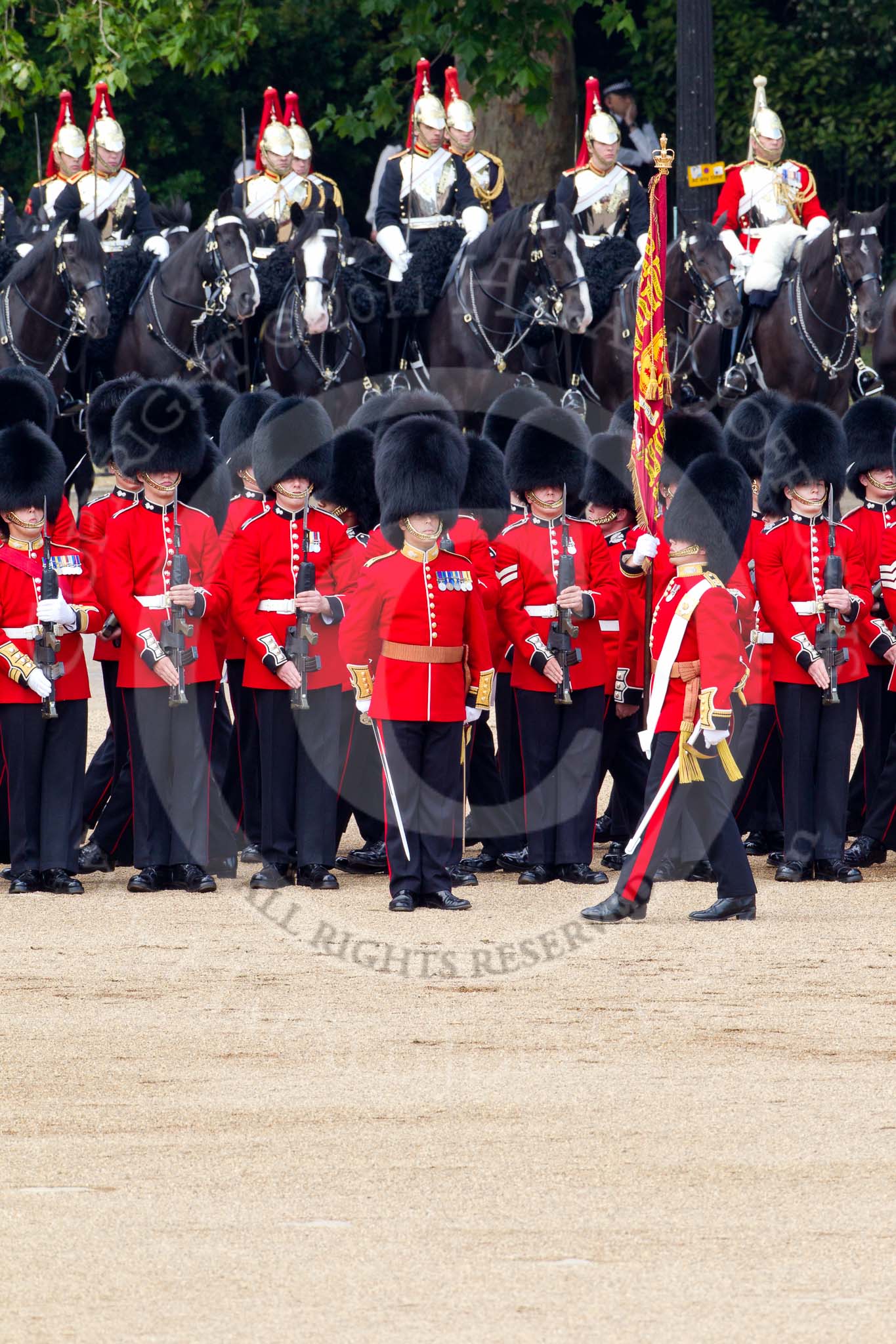 The Colonel's Review 2011: The Esnsign, Tom Ogilvy, is marching in front of the line of guards (here No. 4 Guard, Nijmegen Company Grenadier Guards, whilst the other guardsmen of the Escort are marching between the two lines of guards. In the background the Mounted Bands of the Household Cavalry..
Horse Guards Parade, Westminster,
London SW1,

United Kingdom,
on 04 June 2011 at 11:25, image #145