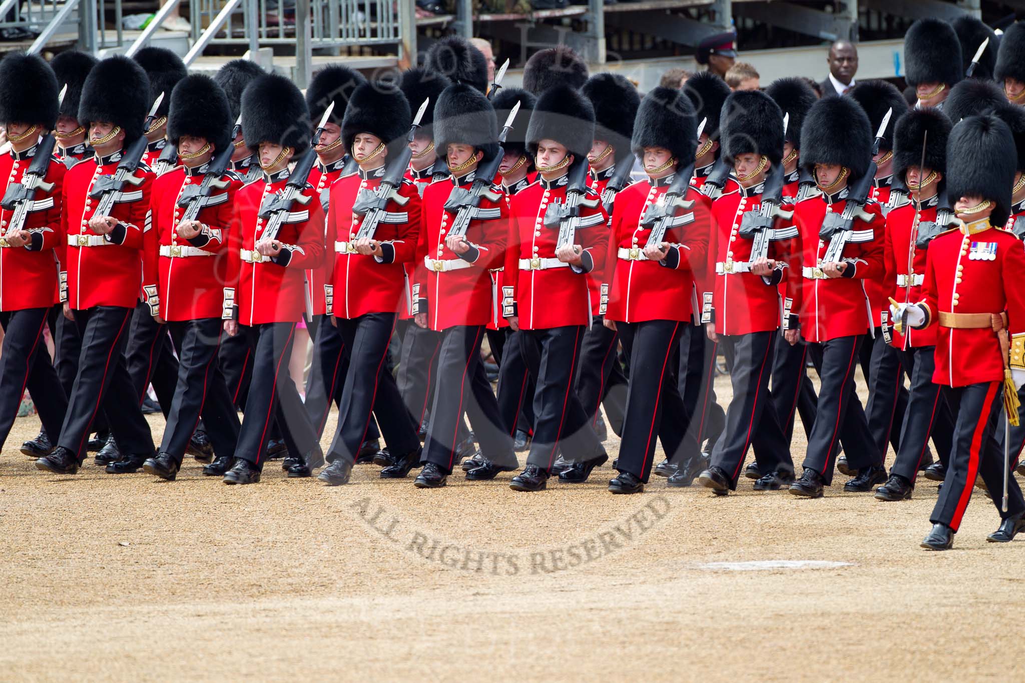 The Colonel's Review 2011: The March Past by the Foot Guards in slow time. Here No. 1 Guard, 1st Battalion Scots Guards, commanded by Major Roderick Shannon (on the right)..
Horse Guards Parade, Westminster,
London SW1,

United Kingdom,
on 04 June 2011 at 11:32, image #159