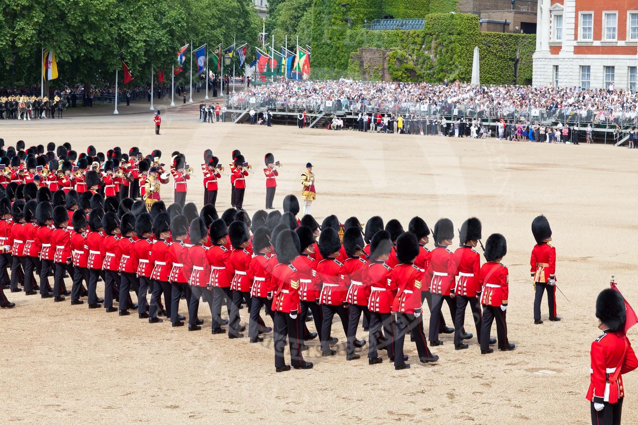 The Colonel's Review 2011: With the Massed Bands in the centre of Horse Guards Parade, the foot guards marching around them during the March Past..
Horse Guards Parade, Westminster,
London SW1,

United Kingdom,
on 04 June 2011 at 11:35, image #173