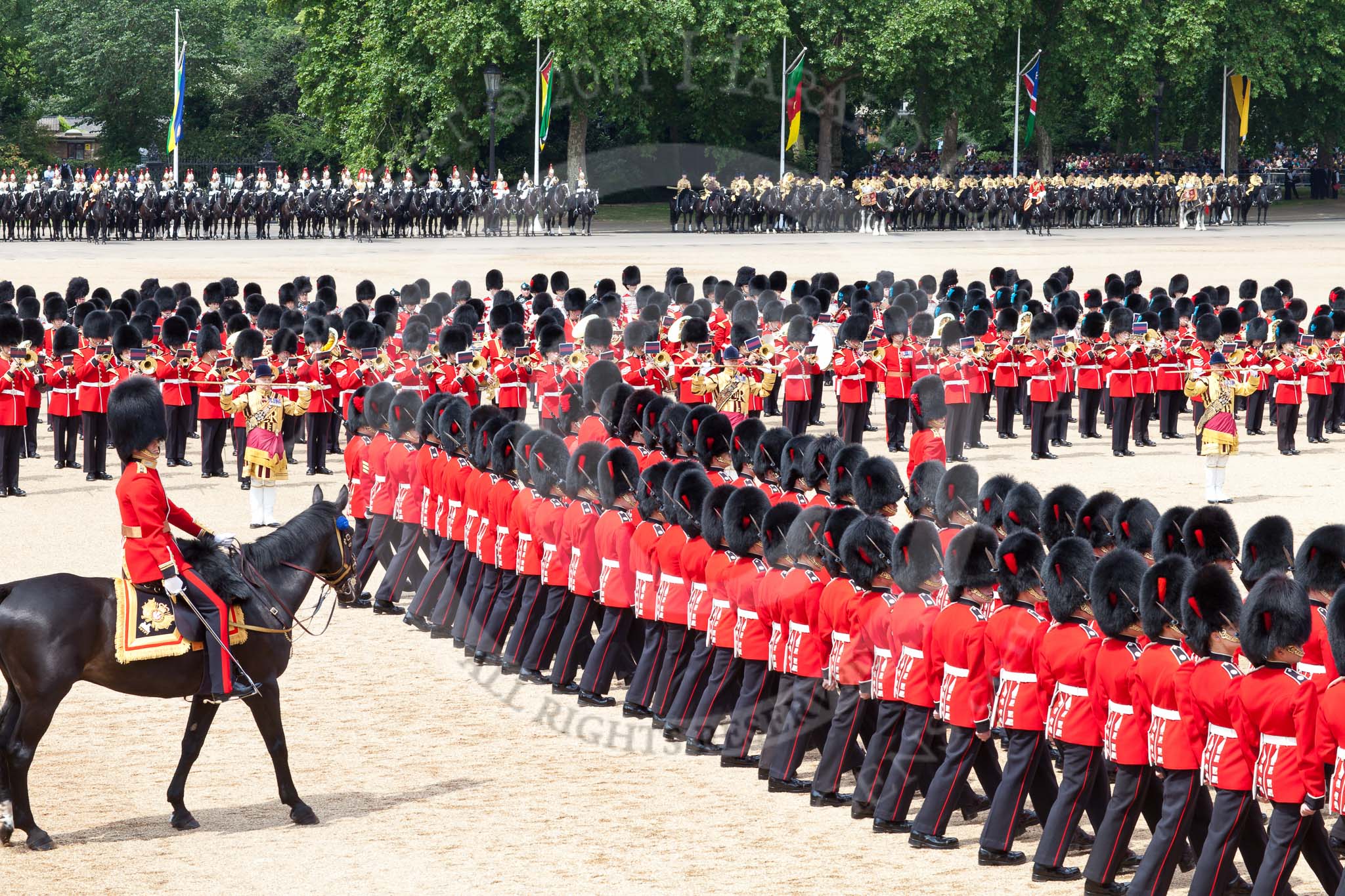 The Colonel's Review 2011: No. 6 Guard, No. 7 Company Coldstream Guards, during the March Past in slow time. They are followed by the Adjutant of the Parade,  Captain Hamish Barne, 1st Battalion Scots Guards..
Horse Guards Parade, Westminster,
London SW1,

United Kingdom,
on 04 June 2011 at 11:38, image #180