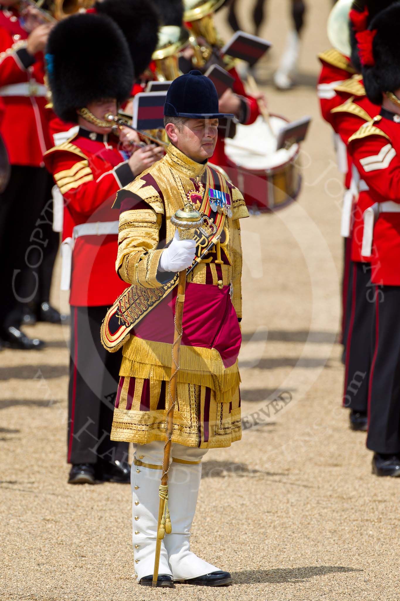 The Colonel's Review 2011: Close-up of Drum Major Alan Harvey, Irish Guards, leading the Band of the Scots Guards..
Horse Guards Parade, Westminster,
London SW1,

United Kingdom,
on 04 June 2011 at 11:39, image #191