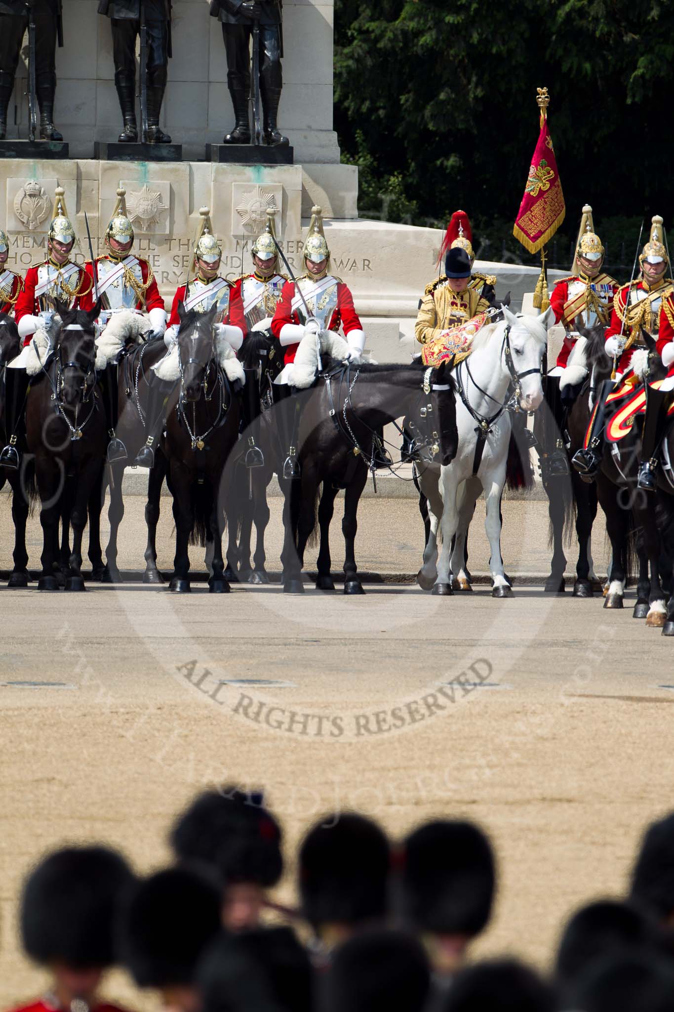 The Colonel's Review 2011: In front of the Guards Memorial, on the left The Life Guards, on the right side the Trumpeter, Standard Bearer, and Standard Coverer..
Horse Guards Parade, Westminster,
London SW1,

United Kingdom,
on 04 June 2011 at 11:40, image #194