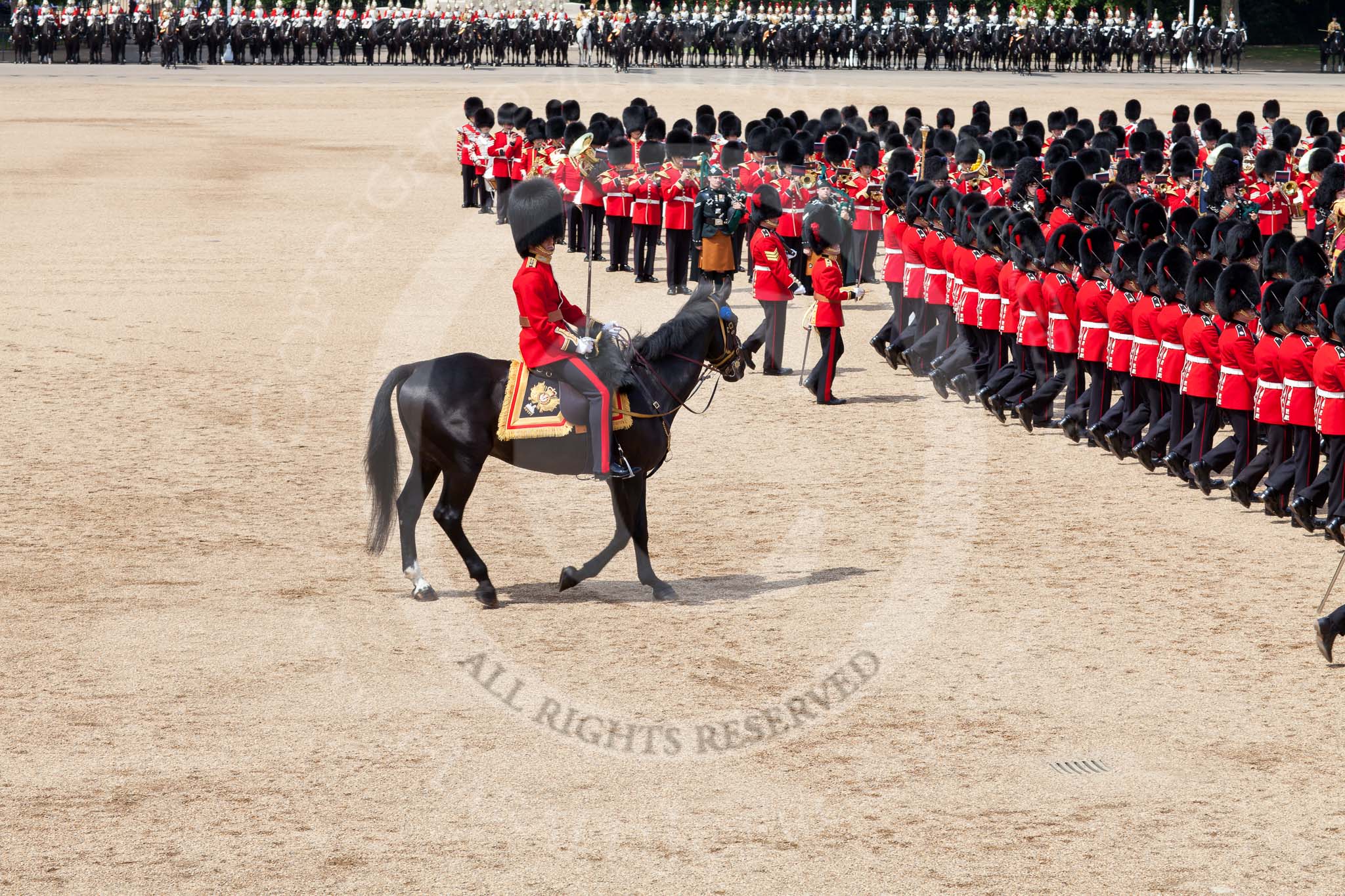 The Colonel's Review 2011: The Adjutant of the Parade,  Captain Hamish Barne, 1st Battalion Scots Guards, following No. 6 Guard during the March Past of the Foot Guards..
Horse Guards Parade, Westminster,
London SW1,

United Kingdom,
on 04 June 2011 at 11:46, image #214