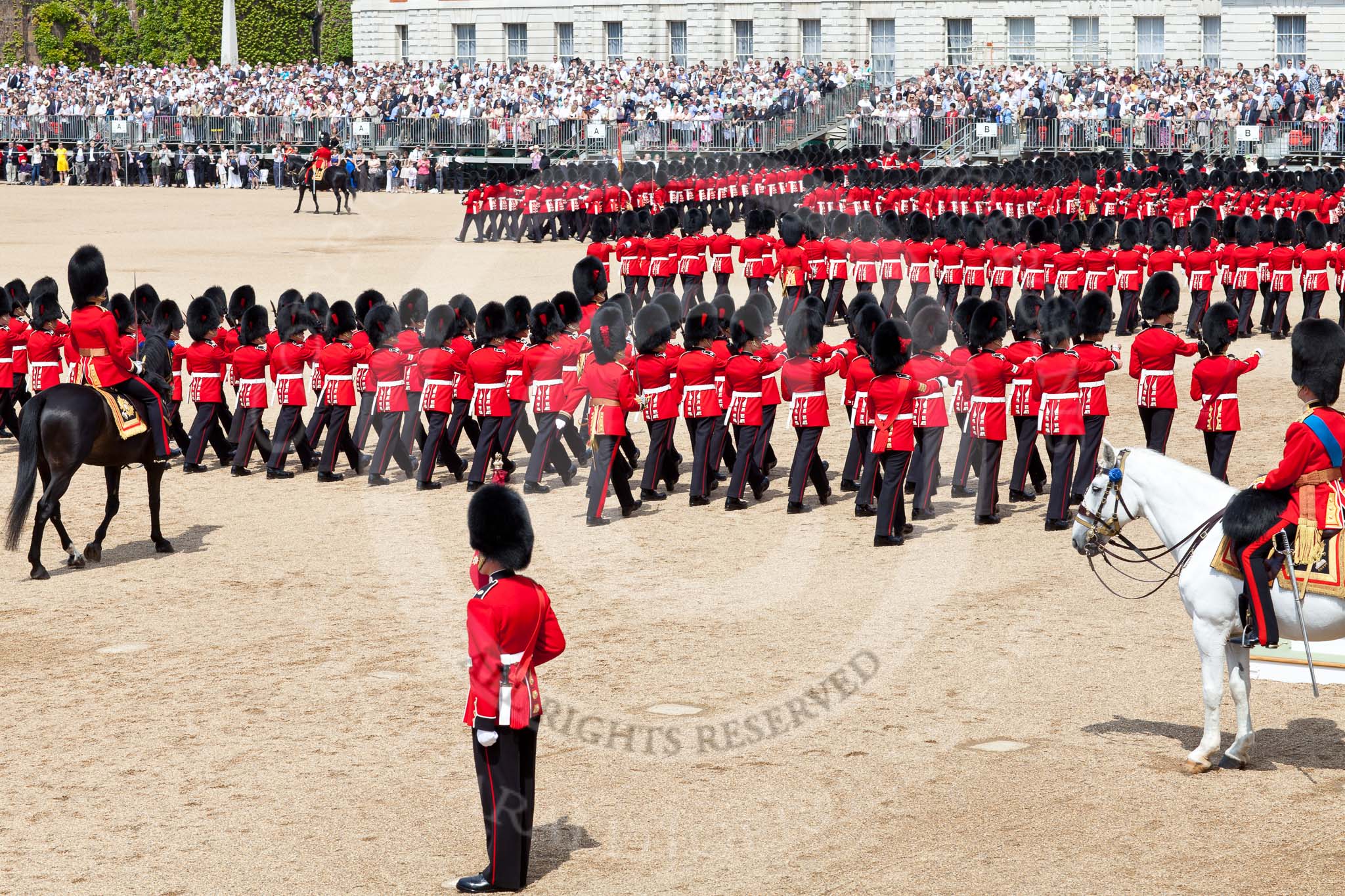 The Colonel's Review 2011: The March Past of the Foot Guards. Leading No. 1 to No. 6 Guard is the Major of the Parade, Major B P N Ramsay, and following No. 6 Guard is the Adjutant of the Parade,  Captain Hamish Barne.
On the very right, HRH Prince Edward, The Duke of Kent, the Colonel in the Colonel's Review..
Horse Guards Parade, Westminster,
London SW1,

United Kingdom,
on 04 June 2011 at 11:46, image #215