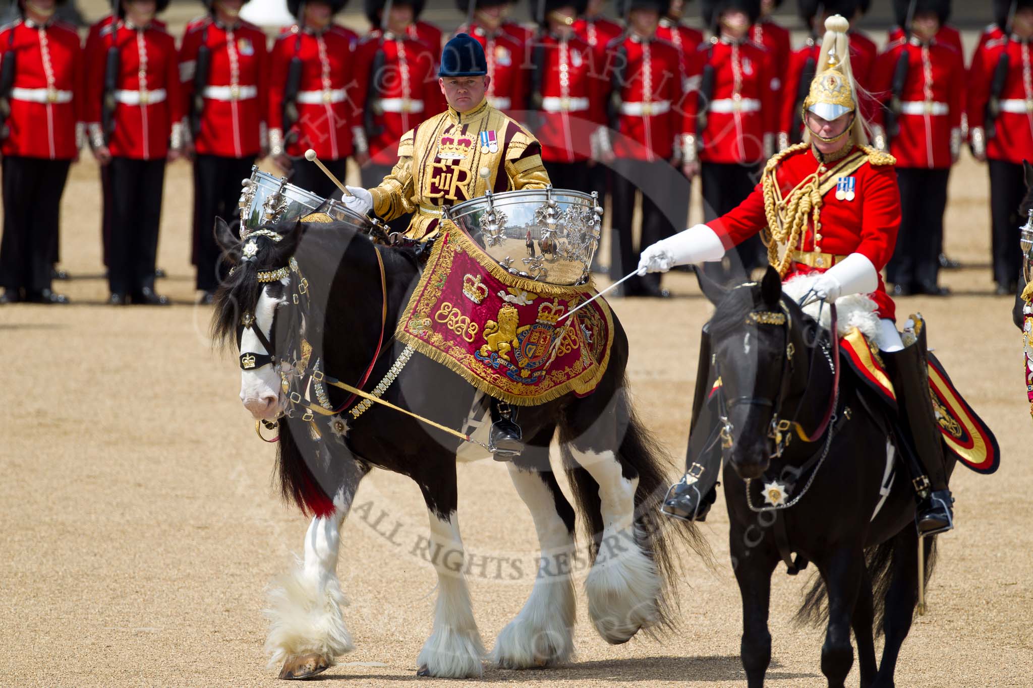 The Colonel's Review 2011: The Director of Music, Major K L Davies, The Life Guards, followed by the kettle drummers..
Horse Guards Parade, Westminster,
London SW1,

United Kingdom,
on 04 June 2011 at 11:52, image #233