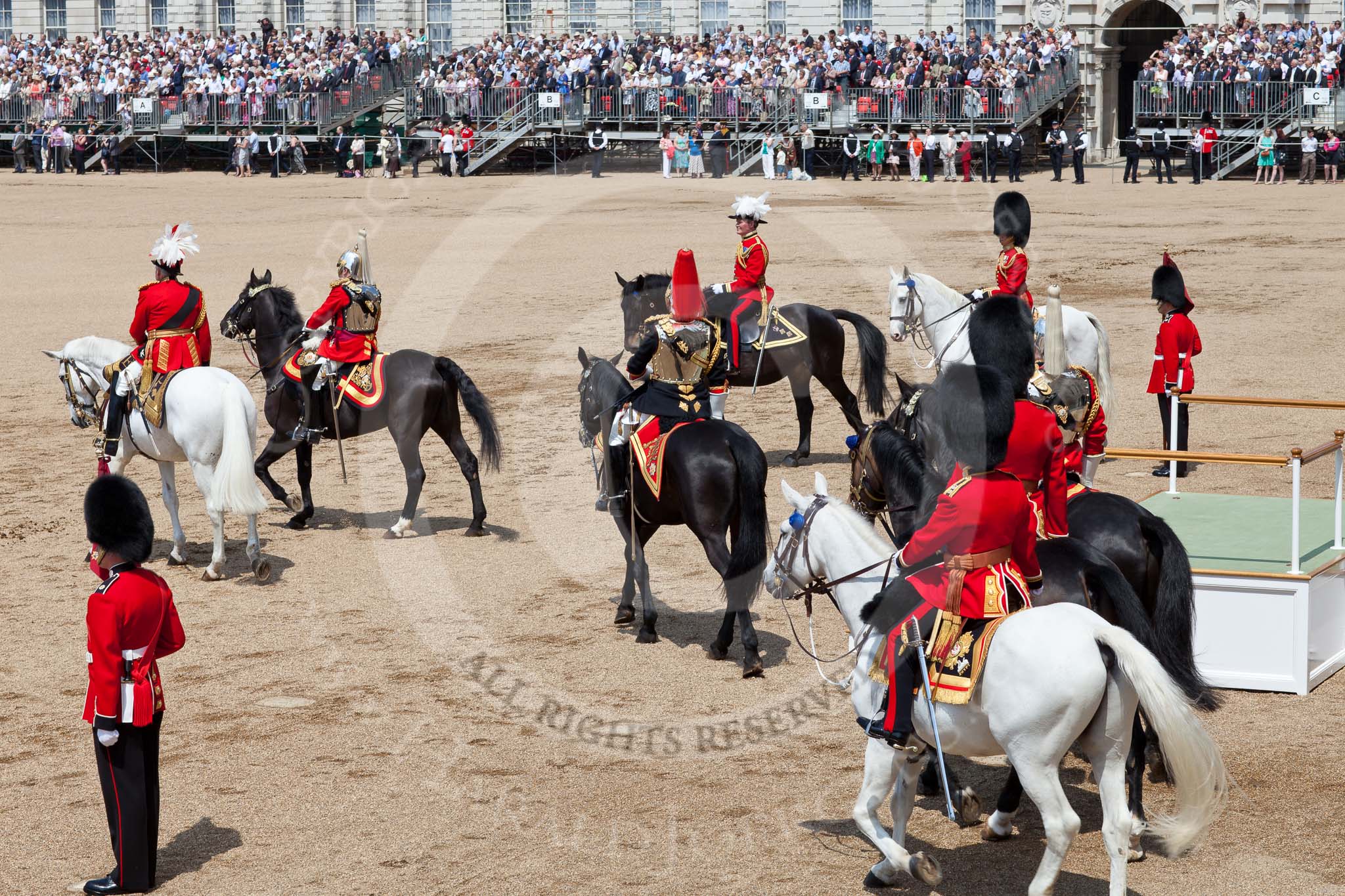 The Colonel's Review 2011: The members of rear part of the Royal Procession assemble in front of the saluting base, before leaving the parade ground in formation..
Horse Guards Parade, Westminster,
London SW1,

United Kingdom,
on 04 June 2011 at 12:09, image #297