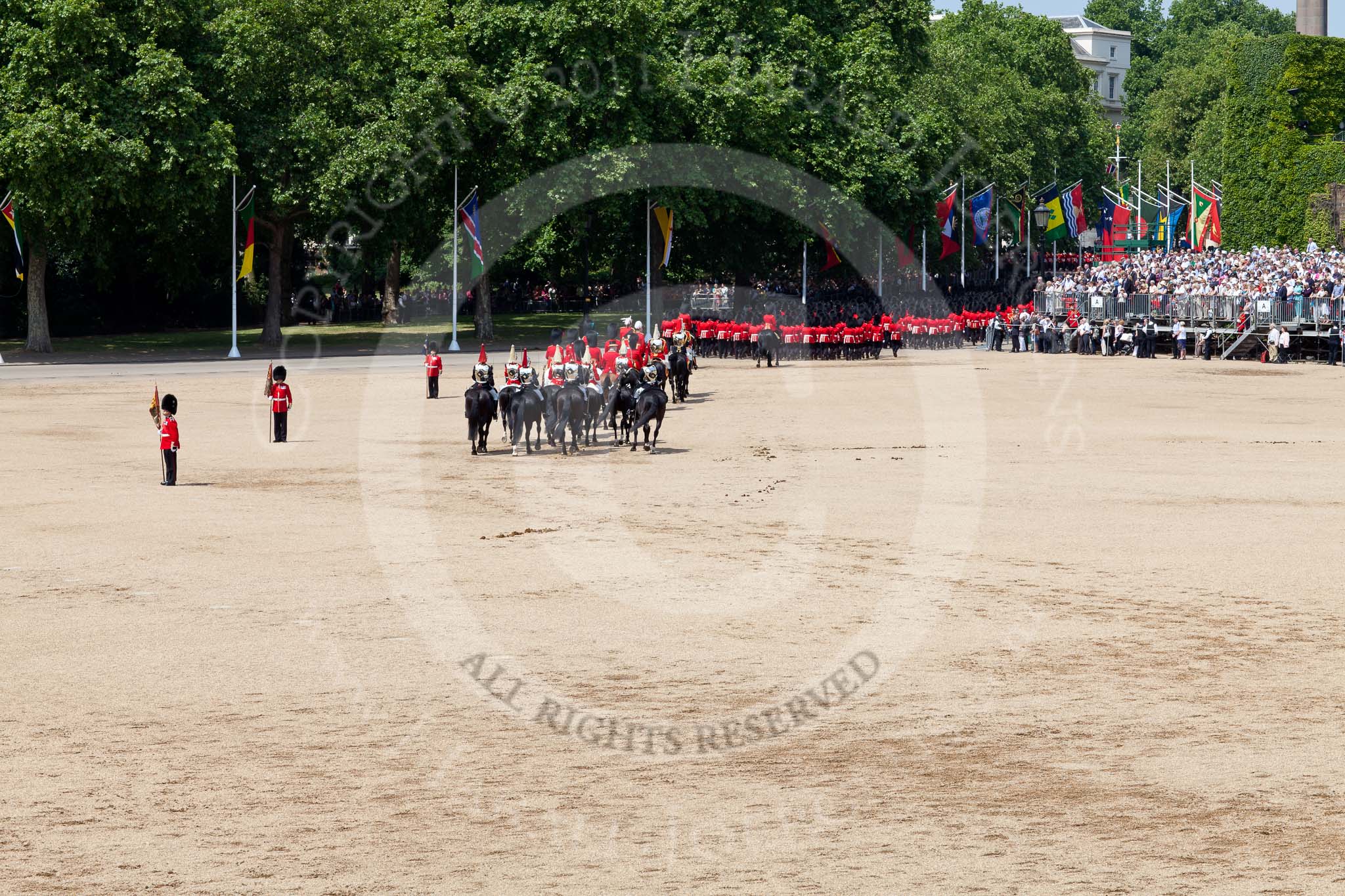 The Colonel's Review 2011: Marching Off - the guards leaving Horse Guards Parade, marching towards The Mall, followed by the Royal Procession, with the four Troopers of The Life Guards and the four Troopers of the Blues and Royals at the end..
Horse Guards Parade, Westminster,
London SW1,

United Kingdom,
on 04 June 2011 at 12:10, image #303