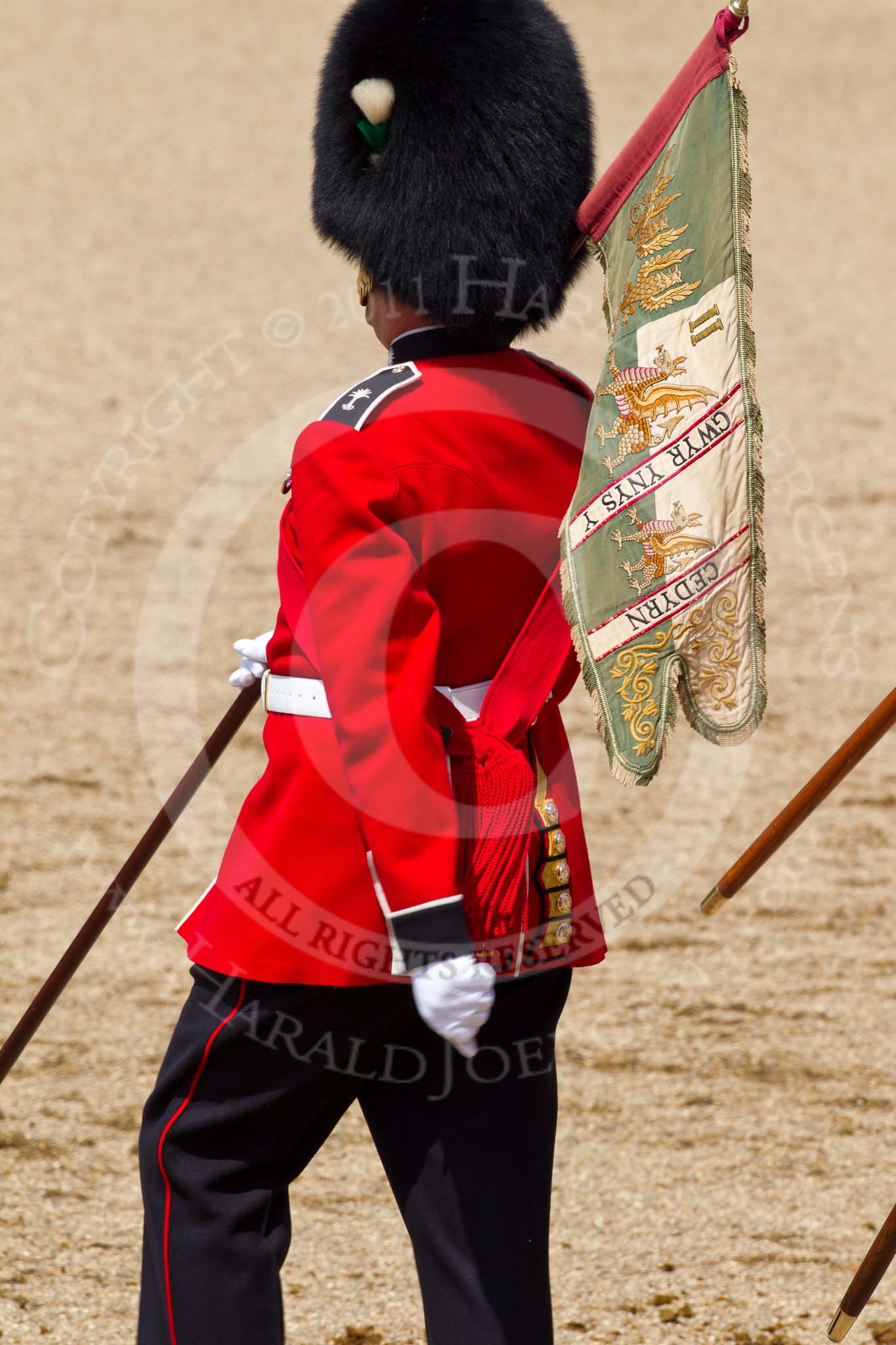 The Colonel's Review 2011: A 'Keeper of the Ground' from the Welsh Guards, with a flag from the 1st Battalion Welsh Guards. It reads 'GWYR YNYS Y CEDYRN' ( the men of the island of the mighty)..
Horse Guards Parade, Westminster,
London SW1,

United Kingdom,
on 04 June 2011 at 12:11, image #304
