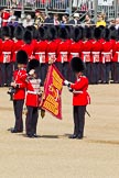 The Colonel's Review 2011: The Colour is uncased. Colour Sergeant Chris Millin is lifting up the flag, whilst the Duty Drummer, holding the colour case, salutes the Colour. Behind the drummer, presenting arms, one of the two sentries..
Horse Guards Parade, Westminster,
London SW1,

United Kingdom,
on 04 June 2011 at 10:33, image #46