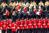 The Colonel's Review 2011: The Inspection of the Line during The Colonel's Review. Riding behind No. 5 Guard, 1st Battalion Welsh Guards, the Brigade Major Household Division, Lieutenant Colonel A P Speed, behind him four Troopers from The Life Guards. In the background the Mounted Bands of the Household Cavalry, in red the Director of Music, Major K L Davies..
Horse Guards Parade, Westminster,
London SW1,

United Kingdom,
on 04 June 2011 at 11:03, image #94