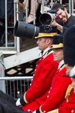 The Colonel's Review 2011: The two Grooms from The Royal Household that are part of the Royal Procession, with a photographer's stand and a grand stand behind..
Horse Guards Parade, Westminster,
London SW1,

United Kingdom,
on 04 June 2011 at 11:09, image #111