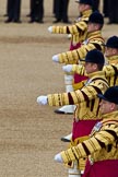 The Colonel's Review 2011: Five drum majors marching in front of the Massed Bands. From front to back, Stephen Staite, Grenadier Guards, Tony Taylor, No. 7 Company Coldstream Guards, Ben Roberts, Coldstream Guards, Alan Harvey, Irish Guards, and Scott Fitzgerald, Coldstream Guards..
Horse Guards Parade, Westminster,
London SW1,

United Kingdom,
on 04 June 2011 at 11:12, image #117