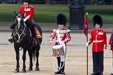 The Colonel's Review 2011: From left to right: Major B P N Ramsay, Welsh Guards, The Major of the Parade, then the 'Lone Drummer', Lance Corporal Gordon Prescott, Scots Guards, and the 'Keeper of the Ground' of No. 1 Guard, 1st Battalion Scots Guards..
Horse Guards Parade, Westminster,
London SW1,

United Kingdom,
on 04 June 2011 at 11:14, image #118