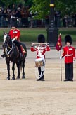 The Colonel's Review 2011: From left to right: Major B P N Ramsay, Welsh Guards, The Major of the Parade, then the 'Lone Drummer', Lance Corporal Gordon Prescott, Scots Guards, and the 'Keeper of the Ground' of No. 1 Guard, 1st Battalion Scots Guards. The Lone Drummer, here saluting, is about to leave the line, marching forward..
Horse Guards Parade, Westminster,
London SW1,

United Kingdom,
on 04 June 2011 at 11:14, image #119