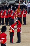 The Colonel's Review 2011: Handing over the Colour. The Regimental Sergeant Major, A I Mackenzie, puts the Colour into the white colour belt of the Ensign, Lieutenant Tom Ogilvy..
Horse Guards Parade, Westminster,
London SW1,

United Kingdom,
on 04 June 2011 at 11:19, image #133