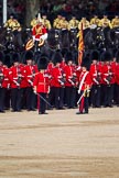 The Colonel's Review 2011: The Esnsign, Tom Ogilvy, is marching in front of the line of guards (here No. 5 Guard, 1st Battalion Welsh Guards, whilst the other guardsmen of the Escort are marching between the two lines of guards. In the background the Mounted Bands of the Household Cavalry..
Horse Guards Parade, Westminster,
London SW1,

United Kingdom,
on 04 June 2011 at 11:24, image #143