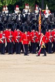 The Colonel's Review 2011: The Esnsign, Tom Ogilvy, is marching in front of the line of guards (here No. 4 Guard, Nijmegen Company Grenadier Guards, whilst the other guardsmen of the Escort are marching between the two lines of guards. In the background the Mounted Bands of the Household Cavalry..
Horse Guards Parade, Westminster,
London SW1,

United Kingdom,
on 04 June 2011 at 11:25, image #145