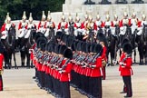 The Colonel's Review 2011: The Field Officer has given the command for the guards to form divisions. Here, No. 3 Guard, F Company Scots Guards. Behind them, The Life Guards, in front of the Guards Memorial..
Horse Guards Parade, Westminster,
London SW1,

United Kingdom,
on 04 June 2011 at 11:30, image #154