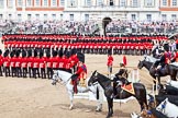 The Colonel's Review 2011: The saluting stand, empty, as it is a rehearsal, during the March Past of the Foot Guards. On the left side of the stand, Major Twumasi-Ankrah, Blues and Royals, standing in for the Princess Royal, on his right HRH Prince Edward, the Duke of Kent and Colonel in The Colonel's Review, on the right side of the stand The Queen's Stud Groom, riding in place of the Prince of Wales, and HRH Prince William, The Duke of Cambridge..
Horse Guards Parade, Westminster,
London SW1,

United Kingdom,
on 04 June 2011 at 11:37, image #177