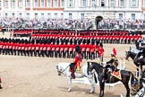 The Colonel's Review 2011: The saluting stand, empty, as it is a rehearsal, during the March Past of the Foot Guards. On the left side of the stand, Major Twumasi-Ankrah, Blues and Royals, standing in for the Princess Royal, on his right HRH Prince Edward, the Duke of Kent and Colonel in The Colonel's Review, on the right side of the stand The Queen's Stud Groom, riding in place of the Prince of Wales..
Horse Guards Parade, Westminster,
London SW1,

United Kingdom,
on 04 June 2011 at 11:37, image #178