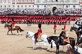 The Colonel's Review 2011: The saluting stand, empty, as it is a rehearsal, during the March Past of the Foot Guards. On the left side of the stand, Major Twumasi-Ankrah, Blues and Royals, standing in for the Princess Royal, on his right HRH Prince Edward, the Duke of Kent and Colonel in The Colonel's Review, on the right side of the stand The Queen's Stud Groom, riding in place of the Prince of Wales.
No. 1 to No. 6 Guard are seen during the March Past, on the left is the Field Officer, Lieutenant Colonel L P M Jopp..
Horse Guards Parade, Westminster,
London SW1,

United Kingdom,
on 04 June 2011 at 11:46, image #216