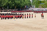 The Colonel's Review 2011: The guards are about to complete the March Past in slow time. On the left, standing in the Centre of Horse Guards Parade, the Massed Bands, on the right side, riding towards the head of the parade, the Field Officer..
Horse Guards Parade, Westminster,
London SW1,

United Kingdom,
on 04 June 2011 at 11:47, image #218