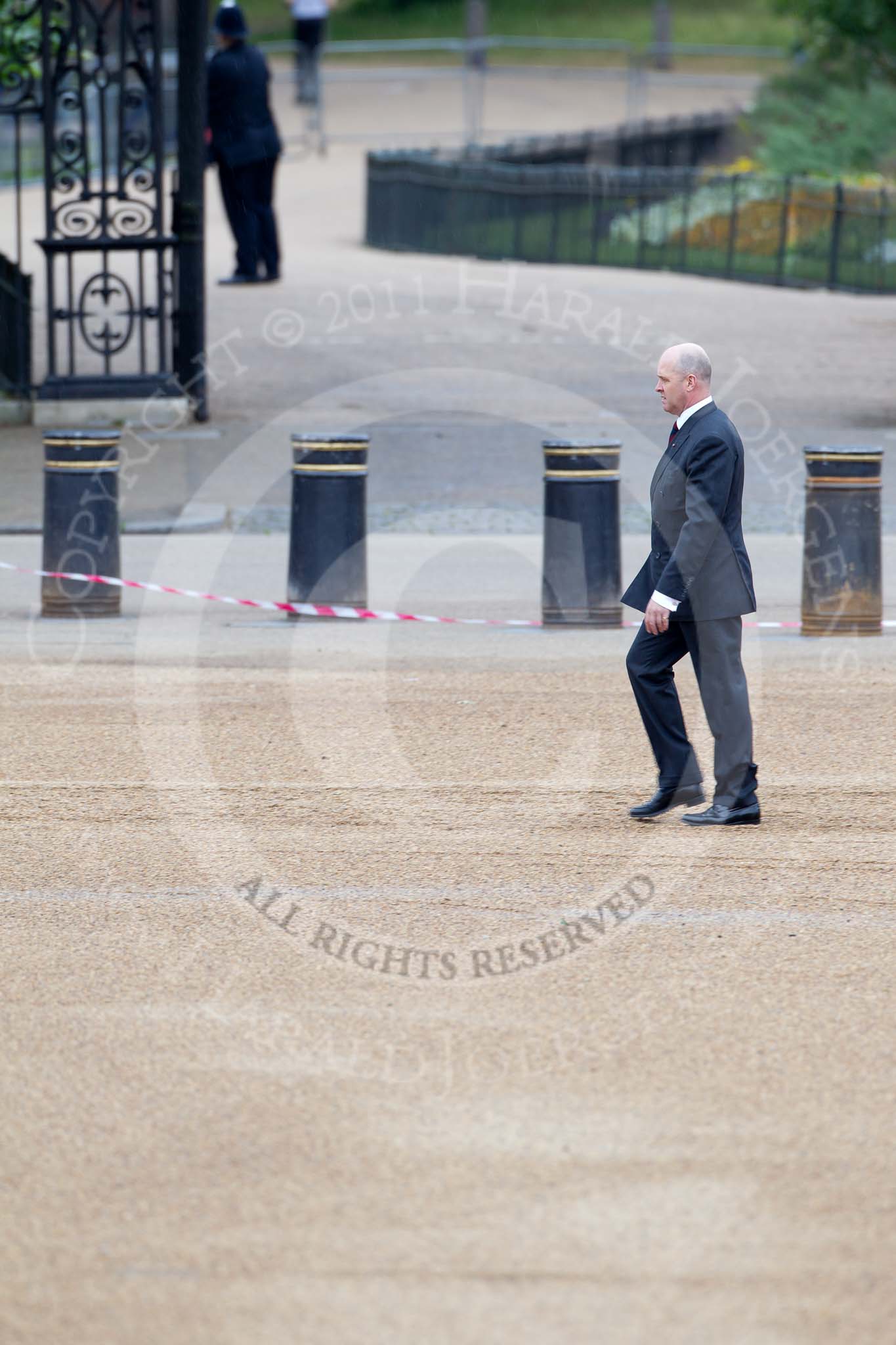 The Major General's Review 2011: WO1 (GSM) W D G 'Billy' Mott OBE, Welsh Guards, here in civilian clothes early in the morning, inspecting the parade ground..
Horse Guards Parade, Westminster,
London SW1,
Greater London,
United Kingdom,
on 28 May 2011 at 08:53, image #3