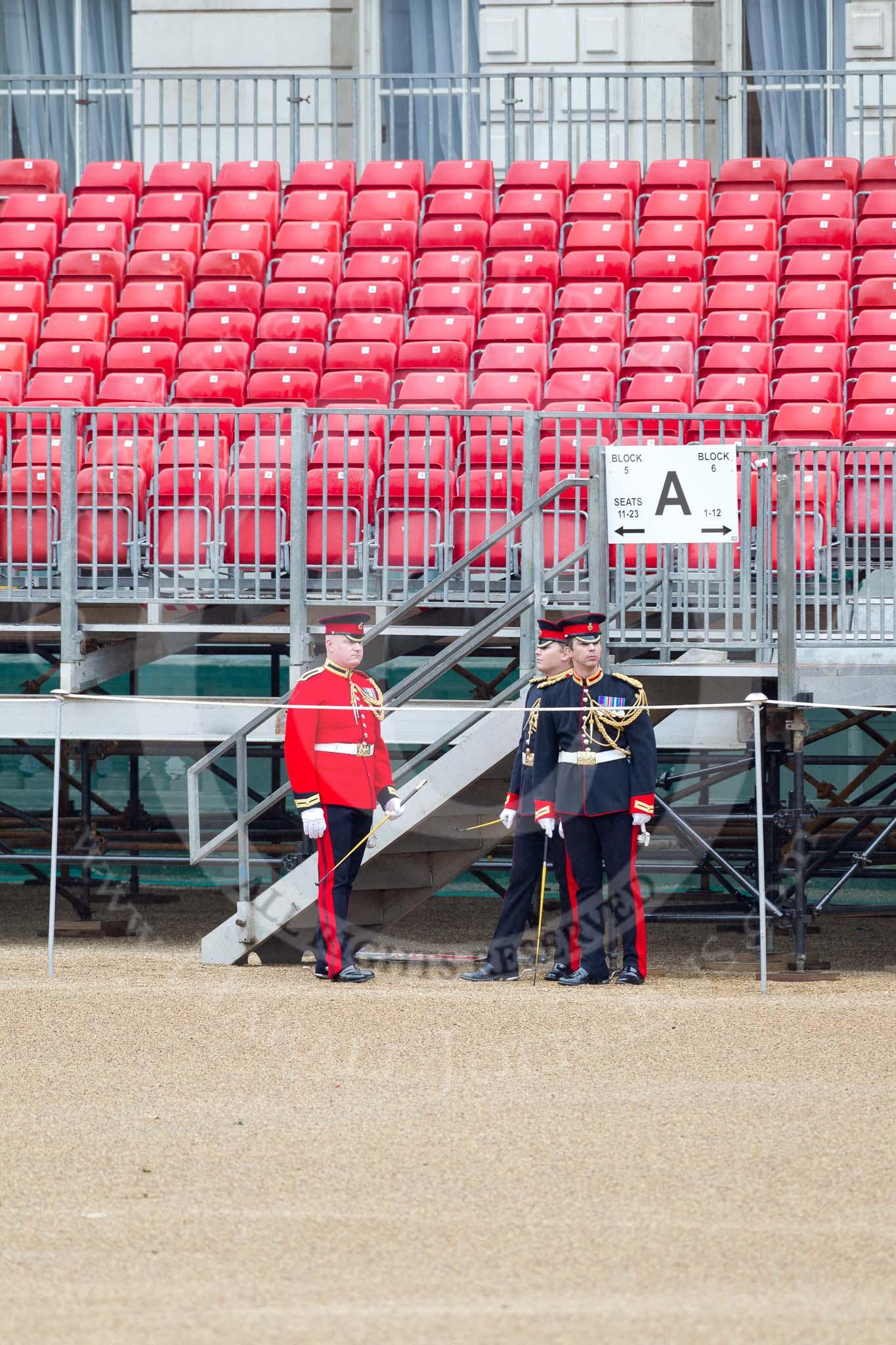 The Major General's Review 2011: Early morning on Horse Guards Parade: Warrant Officers of The Life Guards (red) and The Blues and Royals (dark blue), without their cuirasses or breast plates usually seen at the parade..
Horse Guards Parade, Westminster,
London SW1,
Greater London,
United Kingdom,
on 28 May 2011 at 09:01, image #4