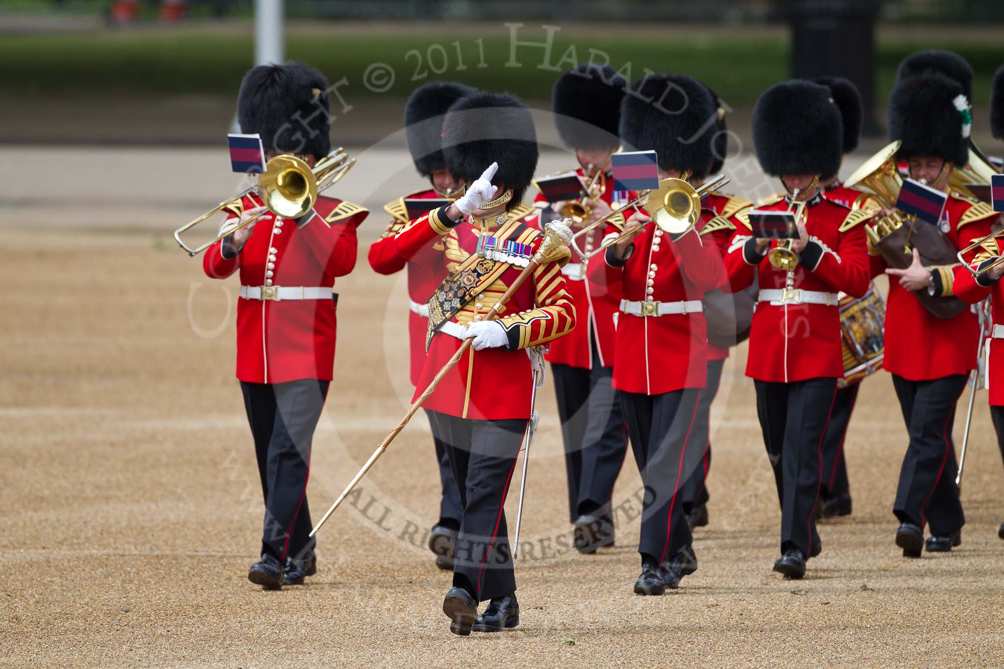 The Major General's Review 2011: Senior Drum Major Ben Roberts, Coldstream Guards, leading the band of the Welsh Guards onto Horse Guards Parade..
Horse Guards Parade, Westminster,
London SW1,
Greater London,
United Kingdom,
on 28 May 2011 at 10:13, image #16