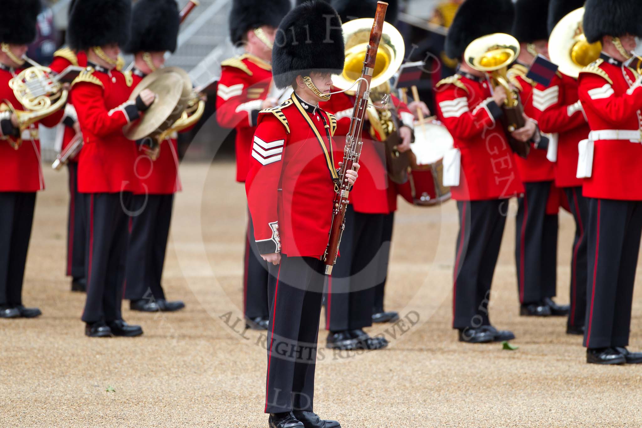 The Major General's Review 2011: Lance Sergeant Jason Burton, Bassoonist in the Grenadier Guards Band, marking the position, on Horse Guards Parade, for the Drum Majors leading the Band of the Grenadier Guards..
Horse Guards Parade, Westminster,
London SW1,
Greater London,
United Kingdom,
on 28 May 2011 at 10:14, image #18