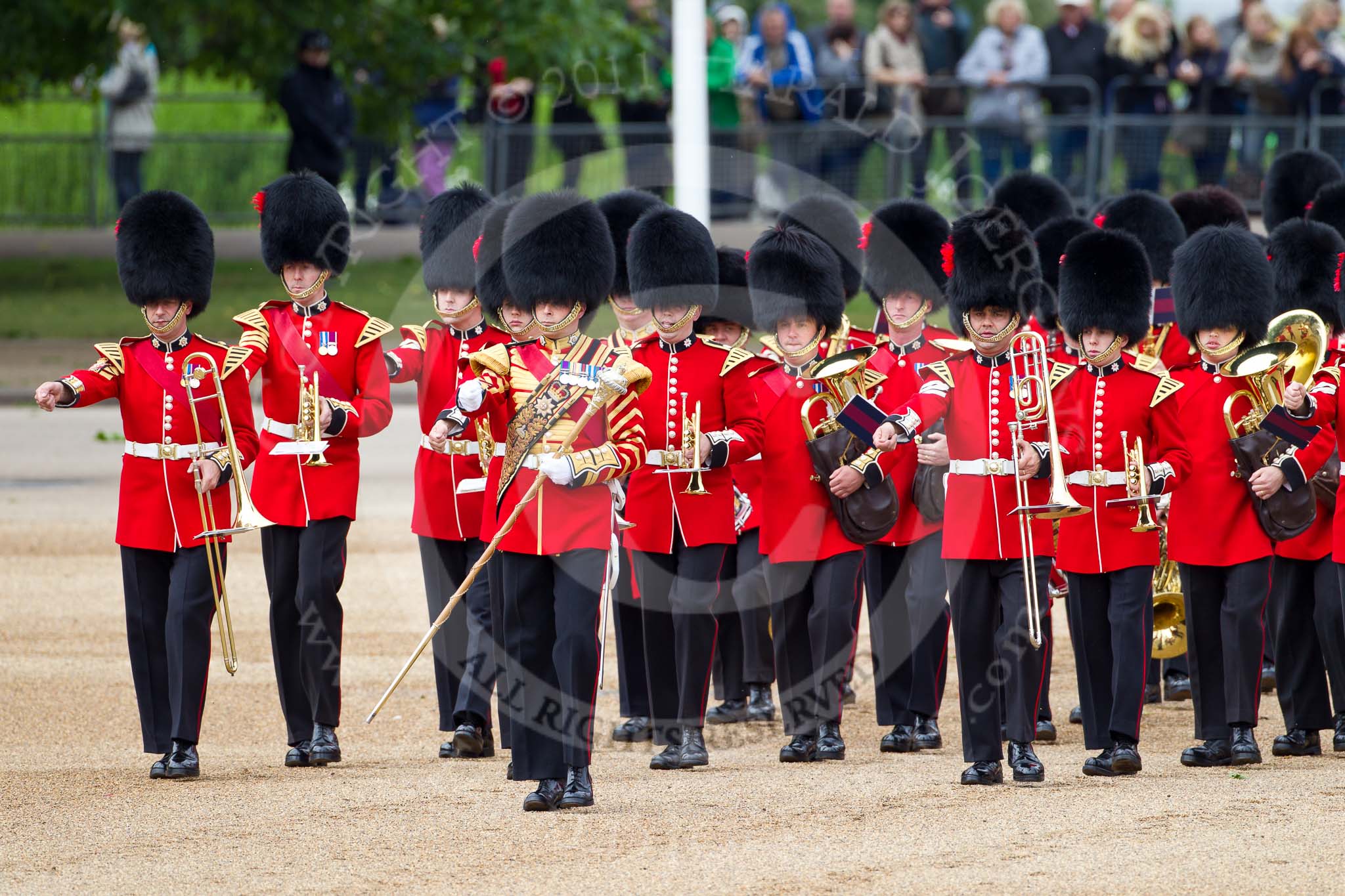 The Major General's Review 2011: Drum Major Scott Fitzgerald, Coldstream Guards, leading the Band of the Coldstream Guards to their position on Horse Guards Parade..
Horse Guards Parade, Westminster,
London SW1,
Greater London,
United Kingdom,
on 28 May 2011 at 10:25, image #37