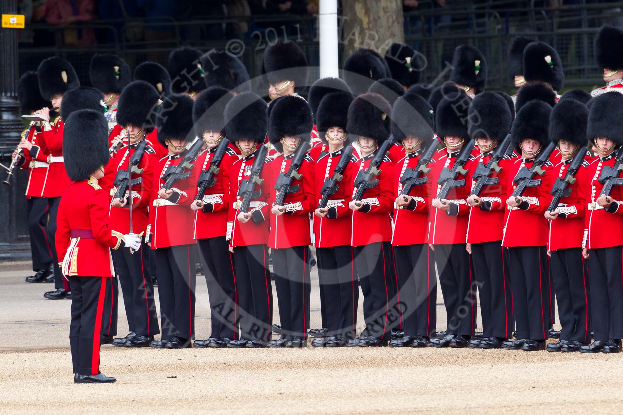 The Major General's Review 2011: The Band of the Welsh Guards marching on Horse Guards Road, here passing No. 5 Guard, 1st Battalion Welsh Guards..
Horse Guards Parade, Westminster,
London SW1,
Greater London,
United Kingdom,
on 28 May 2011 at 10:27, image #41