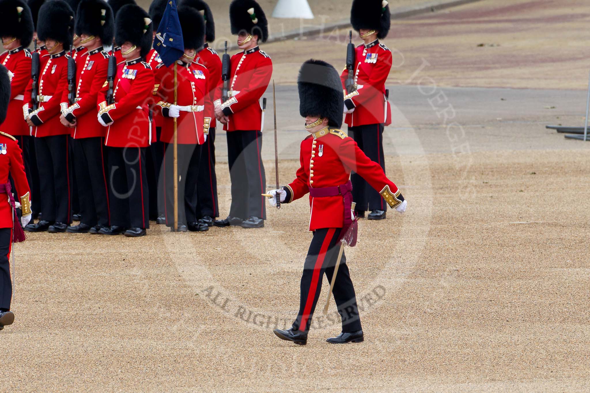 The Major General's Review 2011: The guards have arrived at Horse Guards Parade, being marched from Wellington Barracks by the Subalterns. The Subalterns from the Welsh Guards (at the very left) and Coldstream Guards (centre) are now marching together to Horse Guards Arch..
Horse Guards Parade, Westminster,
London SW1,
Greater London,
United Kingdom,
on 28 May 2011 at 10:29, image #47