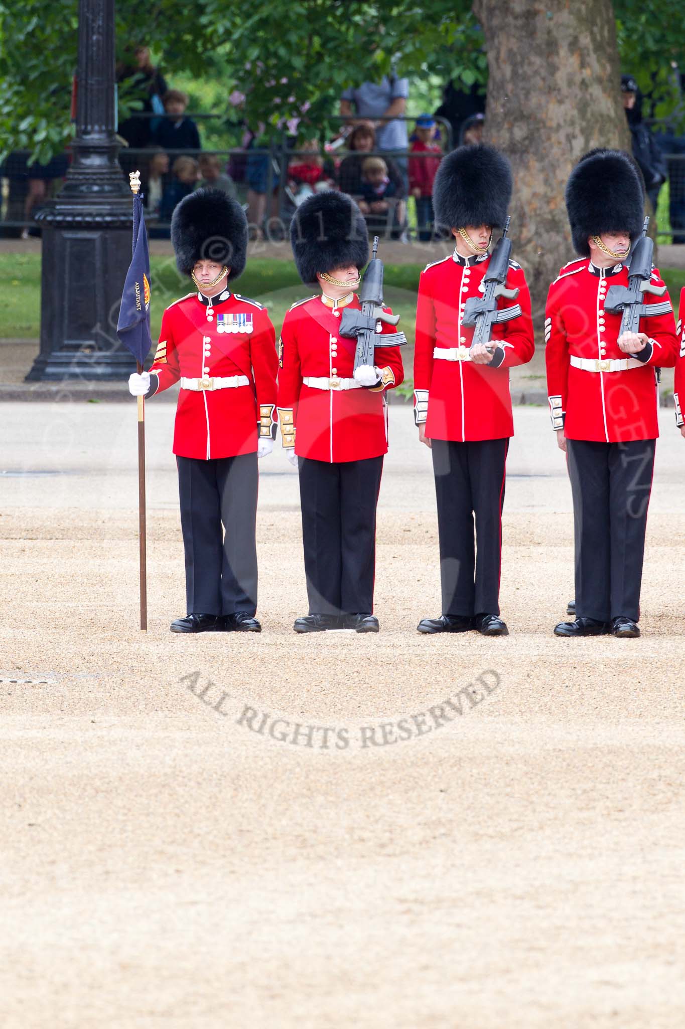 The Major General's Review 2011: No. 1 Guard, 1st Battalion Scots Guards, the Escort for the Colour, getting into position. On the left the Keeper of the Ground, followed by Company Sergeant Major B J Robertson..
Horse Guards Parade, Westminster,
London SW1,
Greater London,
United Kingdom,
on 28 May 2011 at 10:37, image #65