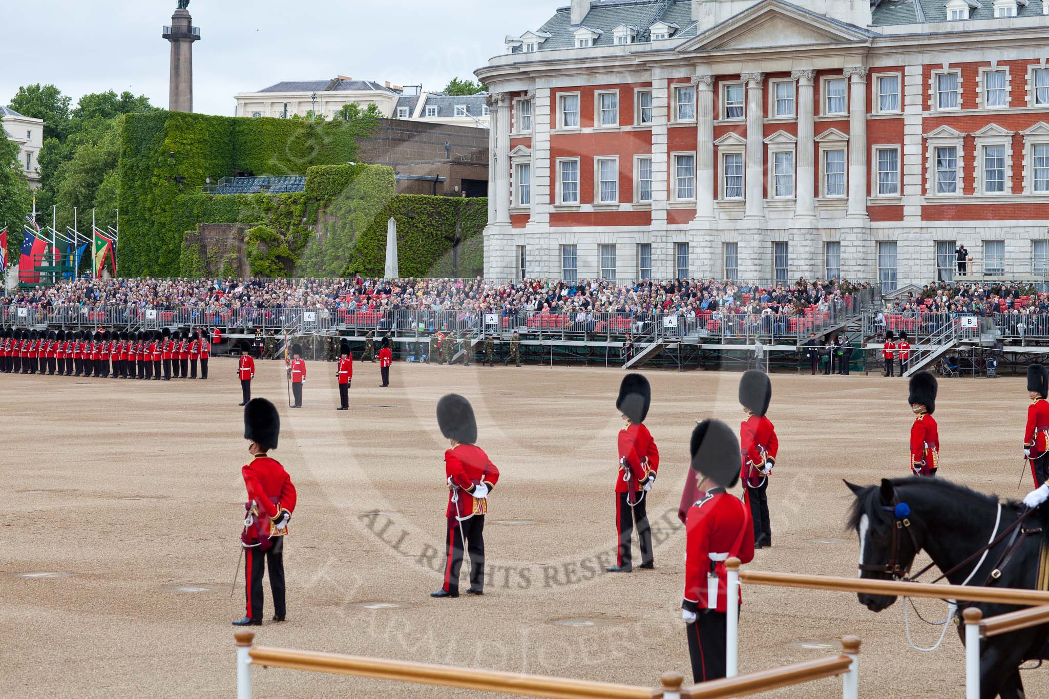 The Major General's Review 2011: Eighteen Officers, three for each Guard, await the order to take post in front of their respective Guards..
Horse Guards Parade, Westminster,
London SW1,
Greater London,
United Kingdom,
on 28 May 2011 at 10:38, image #68