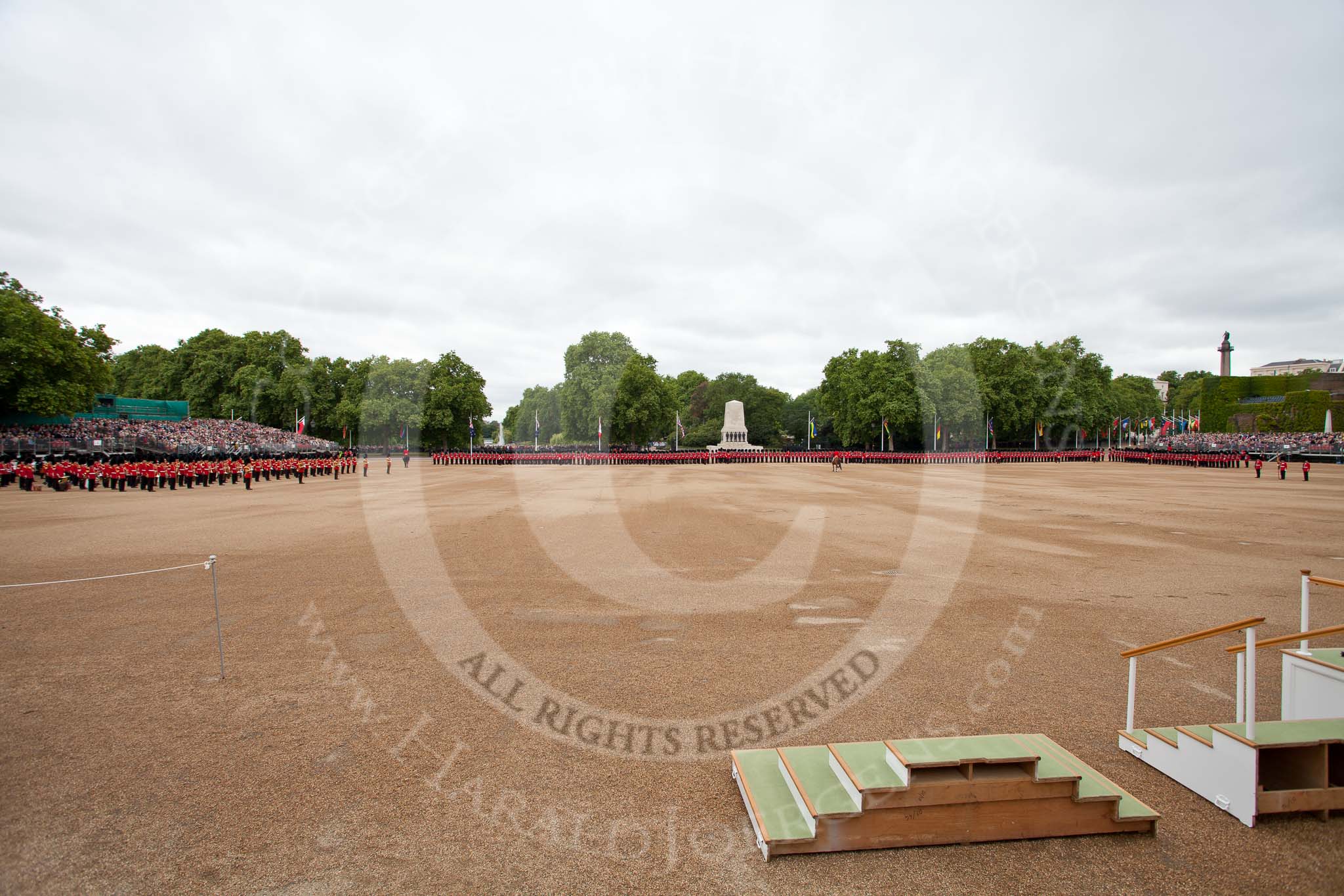 The Major General's Review 2011: The Massed Bands are in place on the left hand side of Horse Guards Parade, and the six guard divisions opposite and on the right. In front the saluting base, before assembly, that wil be used by HM The Queen during the real parade..
Horse Guards Parade, Westminster,
London SW1,
Greater London,
United Kingdom,
on 28 May 2011 at 10:42, image #75