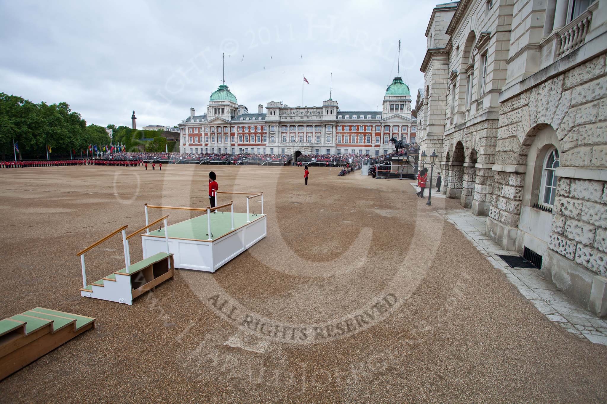 The Major General's Review 2011: Wide angle shot of Horse Guards Parade -  the guards and the Colour party are in place, the saluting stand on the left needs to be assembled and moved into place..
Horse Guards Parade, Westminster,
London SW1,
Greater London,
United Kingdom,
on 28 May 2011 at 10:43, image #76