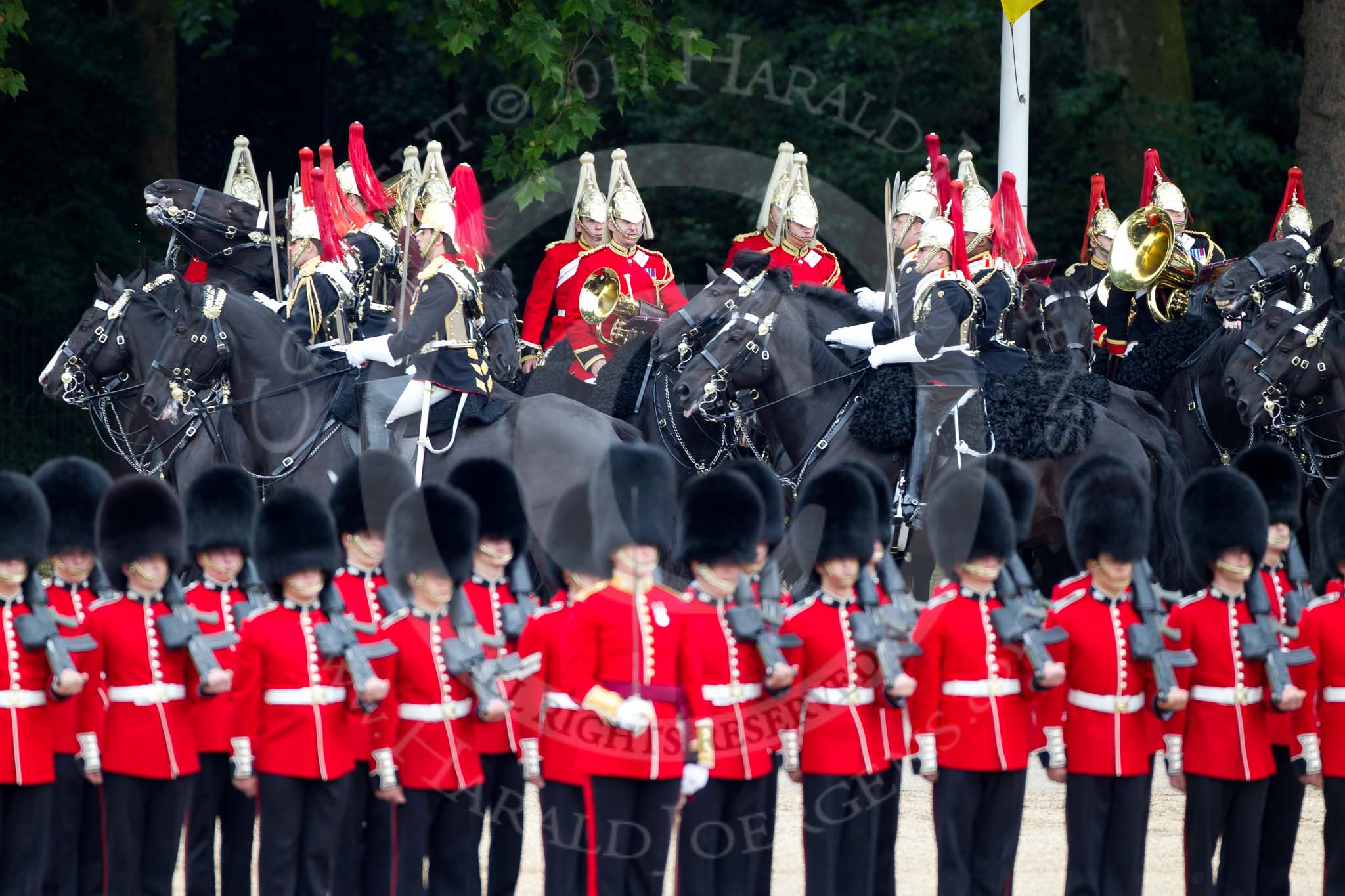 The Major General's Review 2011: The Mounted Bands of the Household Cavalry getting into position at the St. James's Park side of the parade ground..
Horse Guards Parade, Westminster,
London SW1,
Greater London,
United Kingdom,
on 28 May 2011 at 11:00, image #107