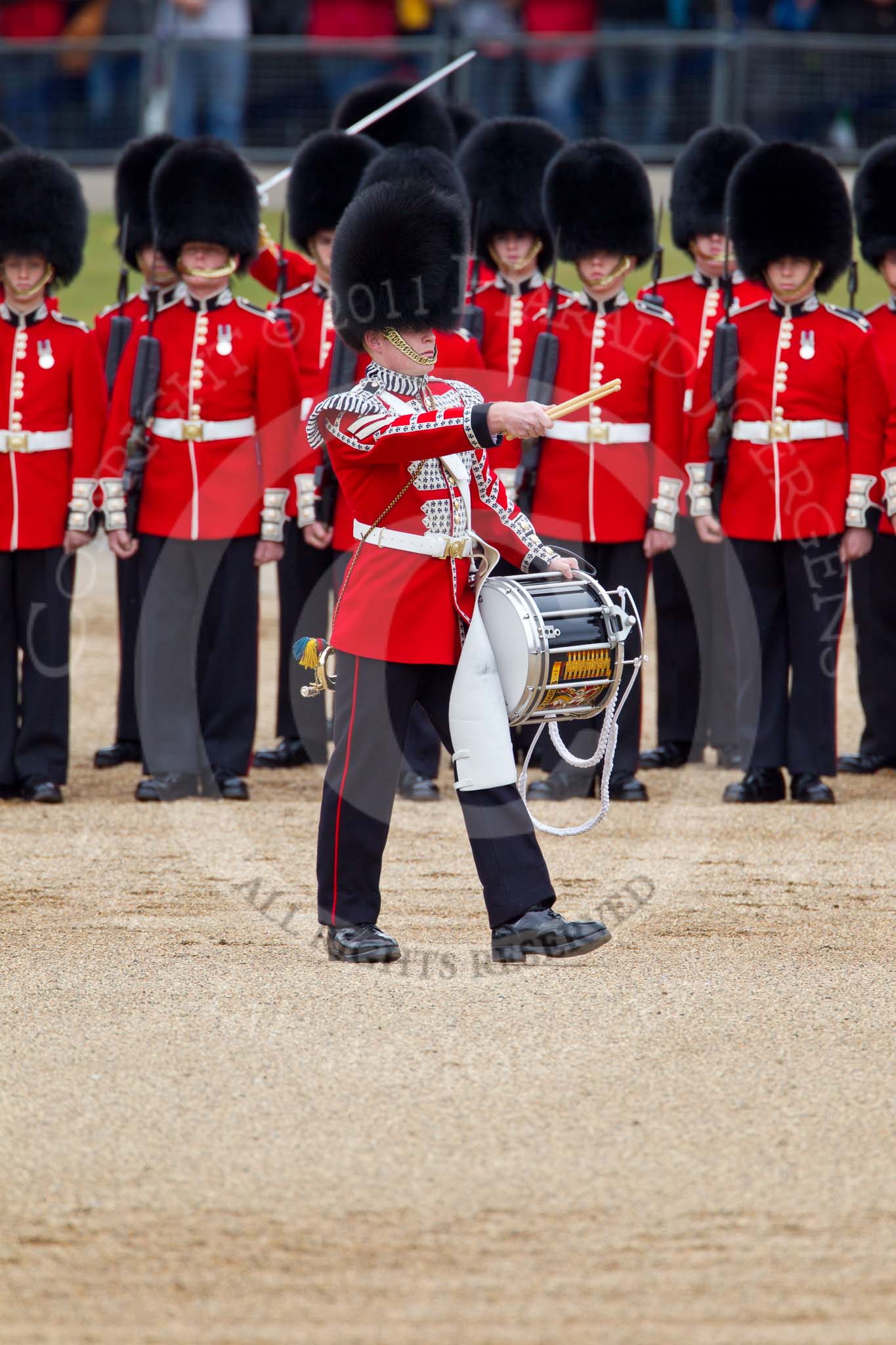 The Major General's Review 2011: The Lone Drummer, Lance Corporal Gordon Prescott, has left the line, marching to a position at the right of the Escort to the Colour, where he will bear the "drummers call", which will start the next phase of the parade..
Horse Guards Parade, Westminster,
London SW1,
Greater London,
United Kingdom,
on 28 May 2011 at 11:15, image #150