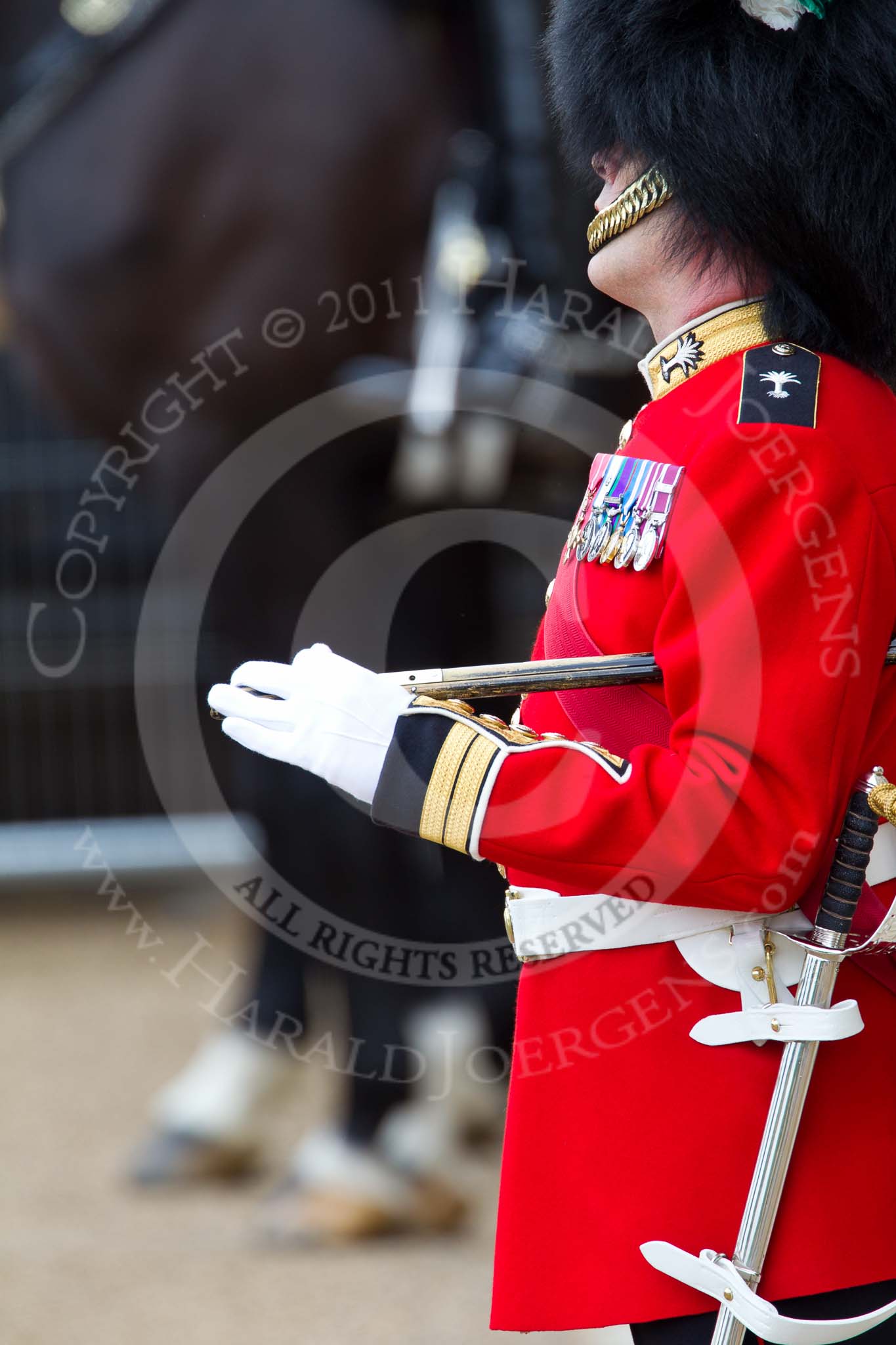 The Major General's Review 2011: Garrison Sergeant Major W D G Mott, Welsh Guards. Warrant Officer Class 1 'Billy' Mott, observing the proceedings..
Horse Guards Parade, Westminster,
London SW1,
Greater London,
United Kingdom,
on 28 May 2011 at 11:18, image #154