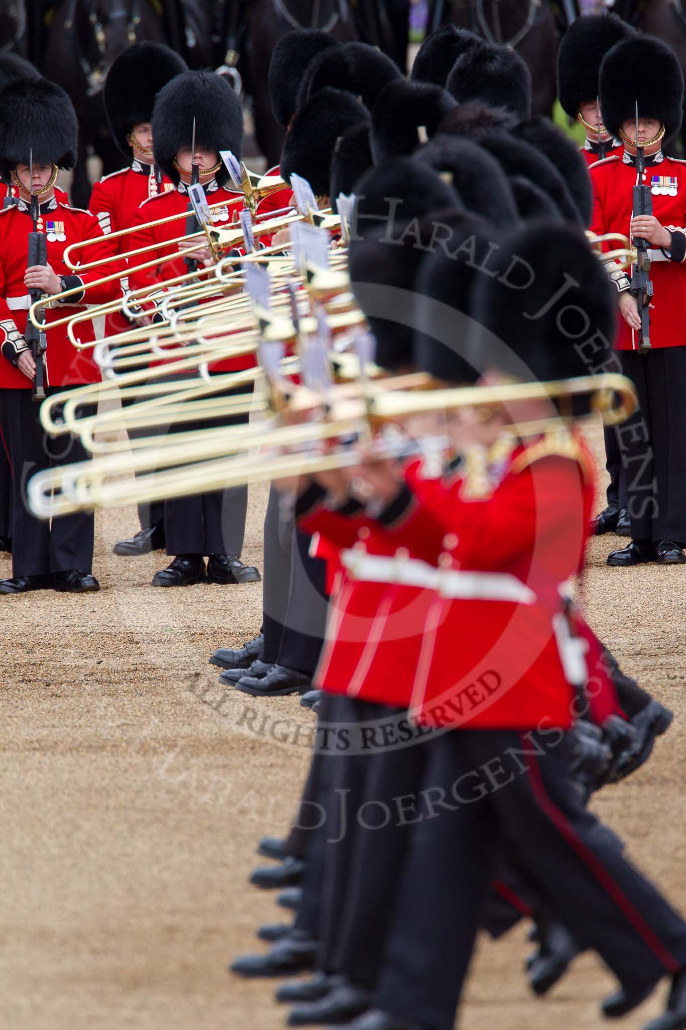 The Major General's Review 2011: Trombonists marching past No. 2 (?) Guard as they are presenting arms..
Horse Guards Parade, Westminster,
London SW1,
Greater London,
United Kingdom,
on 28 May 2011 at 11:23, image #171