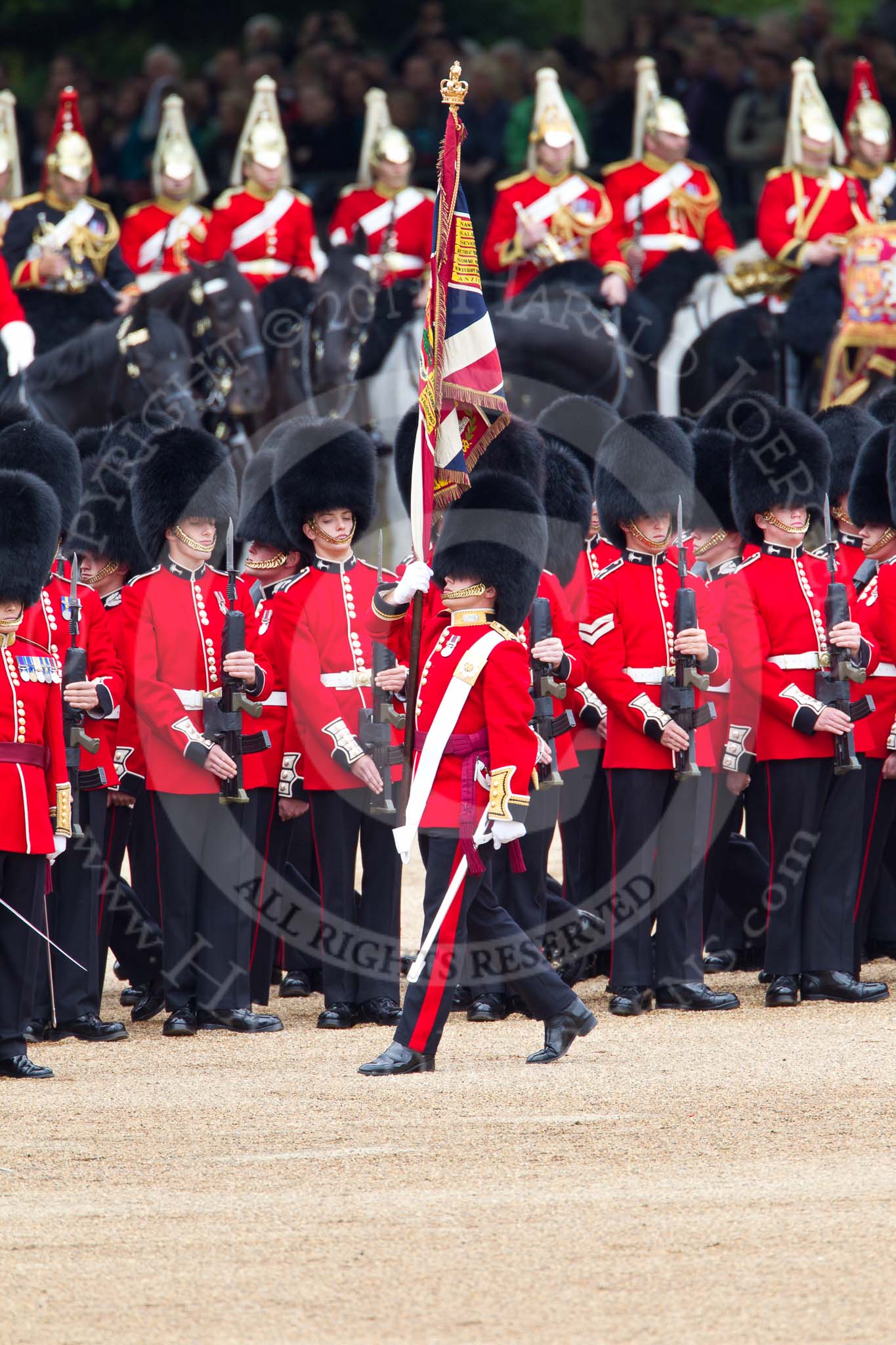 The Major General's Review 2011: The Ensign, Lieutenant Tom Ogilvy, trooping the Colour along No. 5 Guard, 1st Battalion Welsh Guards..
Horse Guards Parade, Westminster,
London SW1,
Greater London,
United Kingdom,
on 28 May 2011 at 11:25, image #174