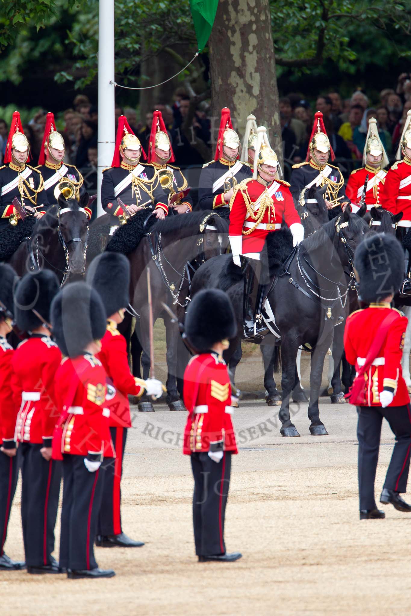 The Major General's Review 2011: The Mounted Bands of the Household Cavalry. On the left the Band of the Blues and Royals, on the right The Life Guards Band. In the middle, in red, the Director of Music, Major K L Davies, The Life Guards..
Horse Guards Parade, Westminster,
London SW1,
Greater London,
United Kingdom,
on 28 May 2011 at 11:29, image #184