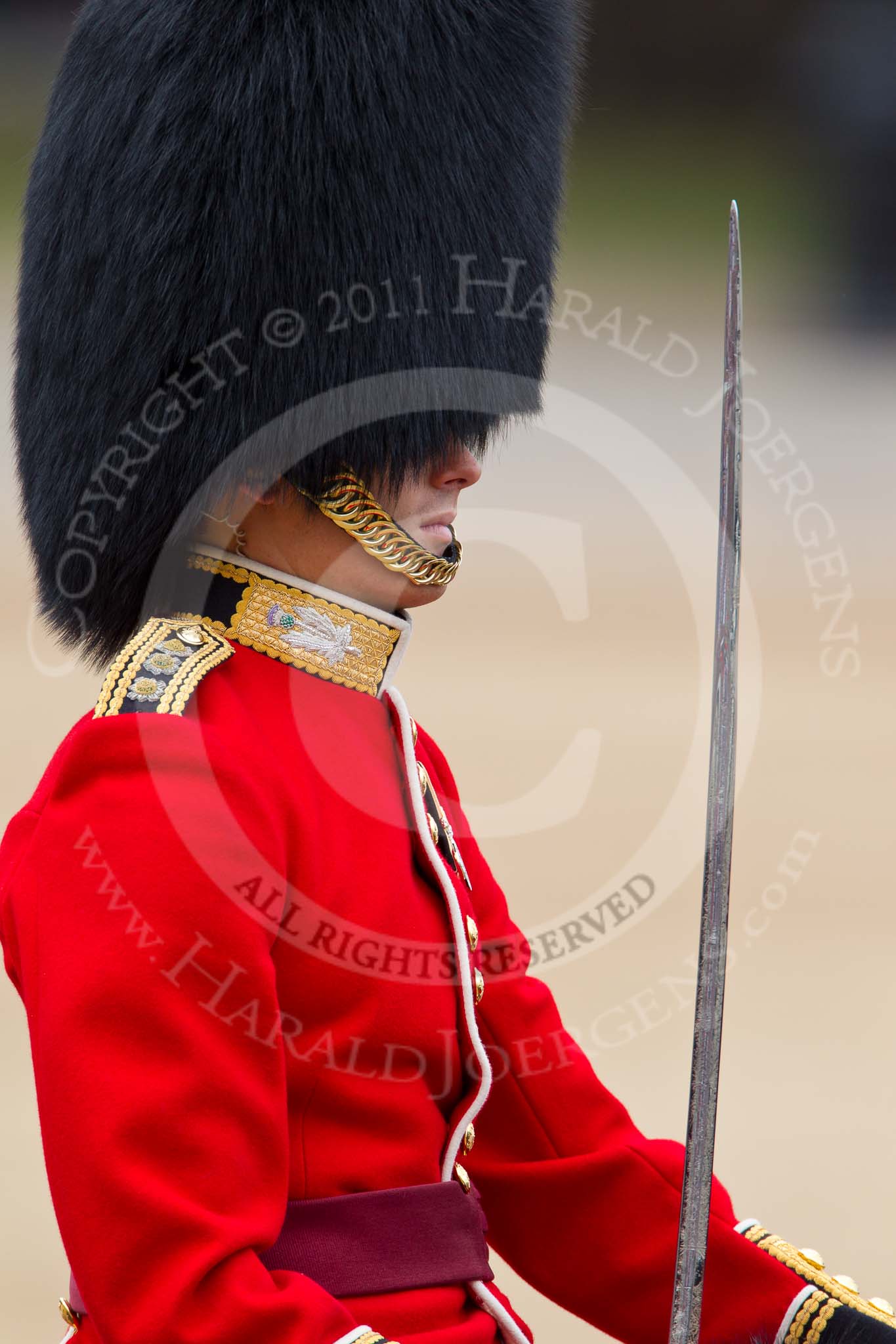 The Major General's Review 2011: Close-up of the  Adjutant of the Parade, Captain Hamish Barne, 1st Battalion Scots Guards..
Horse Guards Parade, Westminster,
London SW1,
Greater London,
United Kingdom,
on 28 May 2011 at 11:38, image #210