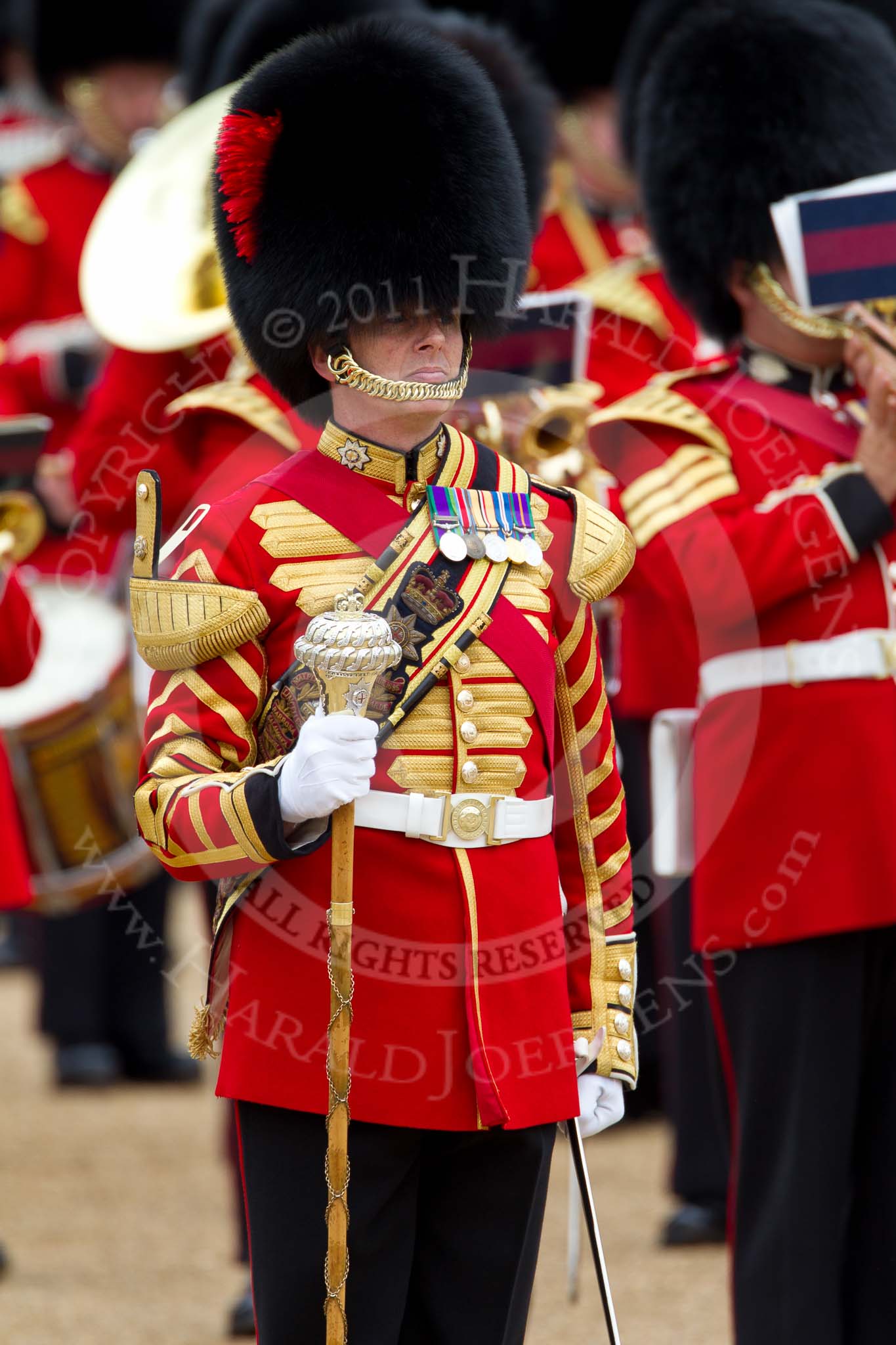 The Major General's Review 2011: Drum Major Tony Taylor, No. 7 Company Coldstream Guards, leading the Band of the Irish Guards..
Horse Guards Parade, Westminster,
London SW1,
Greater London,
United Kingdom,
on 28 May 2011 at 11:39, image #215