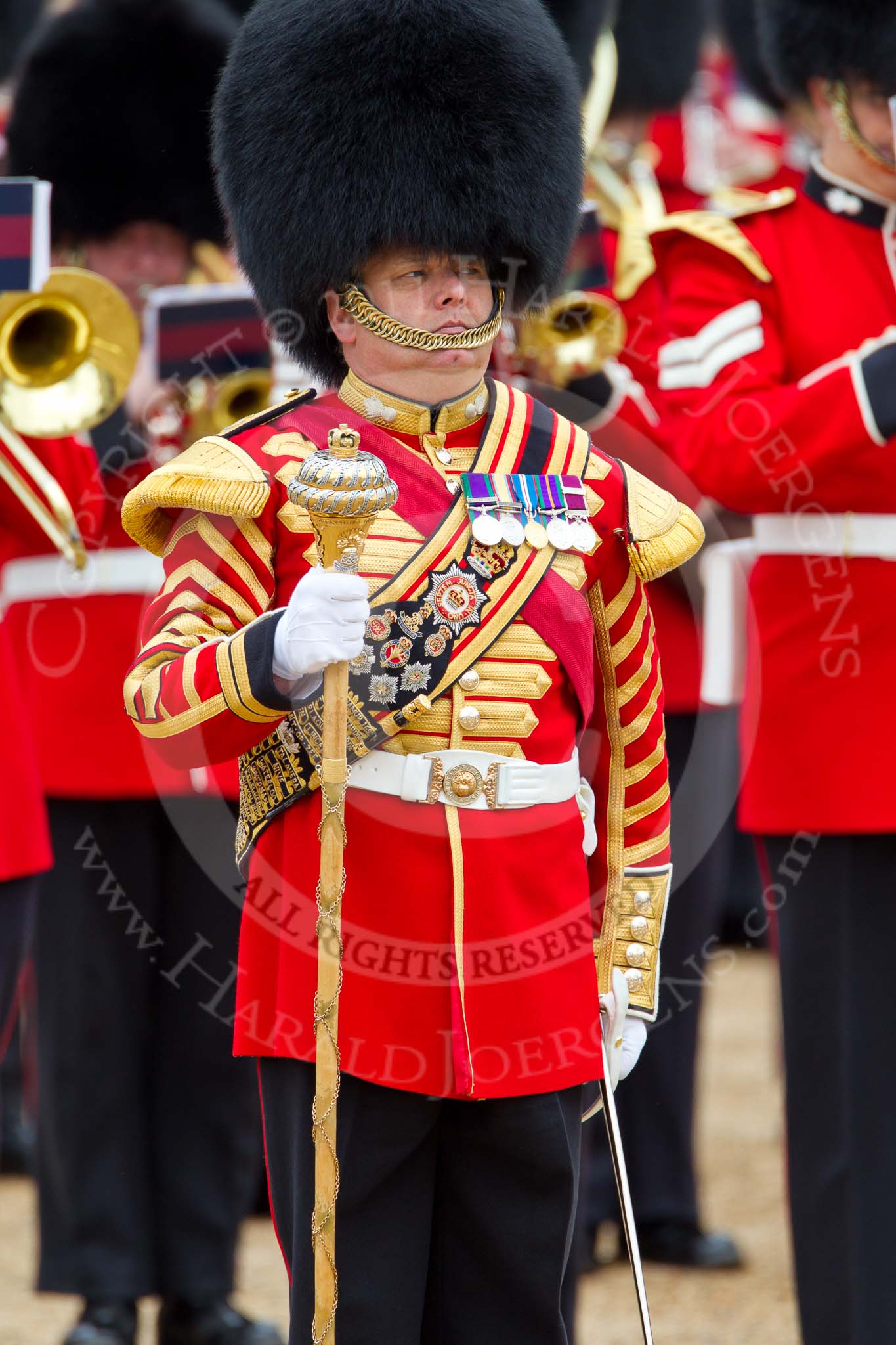 The Major General's Review 2011: Drum Major Stephen Staite, Grenadier Guards, leading the Band of the Grenadier Guards..
Horse Guards Parade, Westminster,
London SW1,
Greater London,
United Kingdom,
on 28 May 2011 at 11:39, image #216