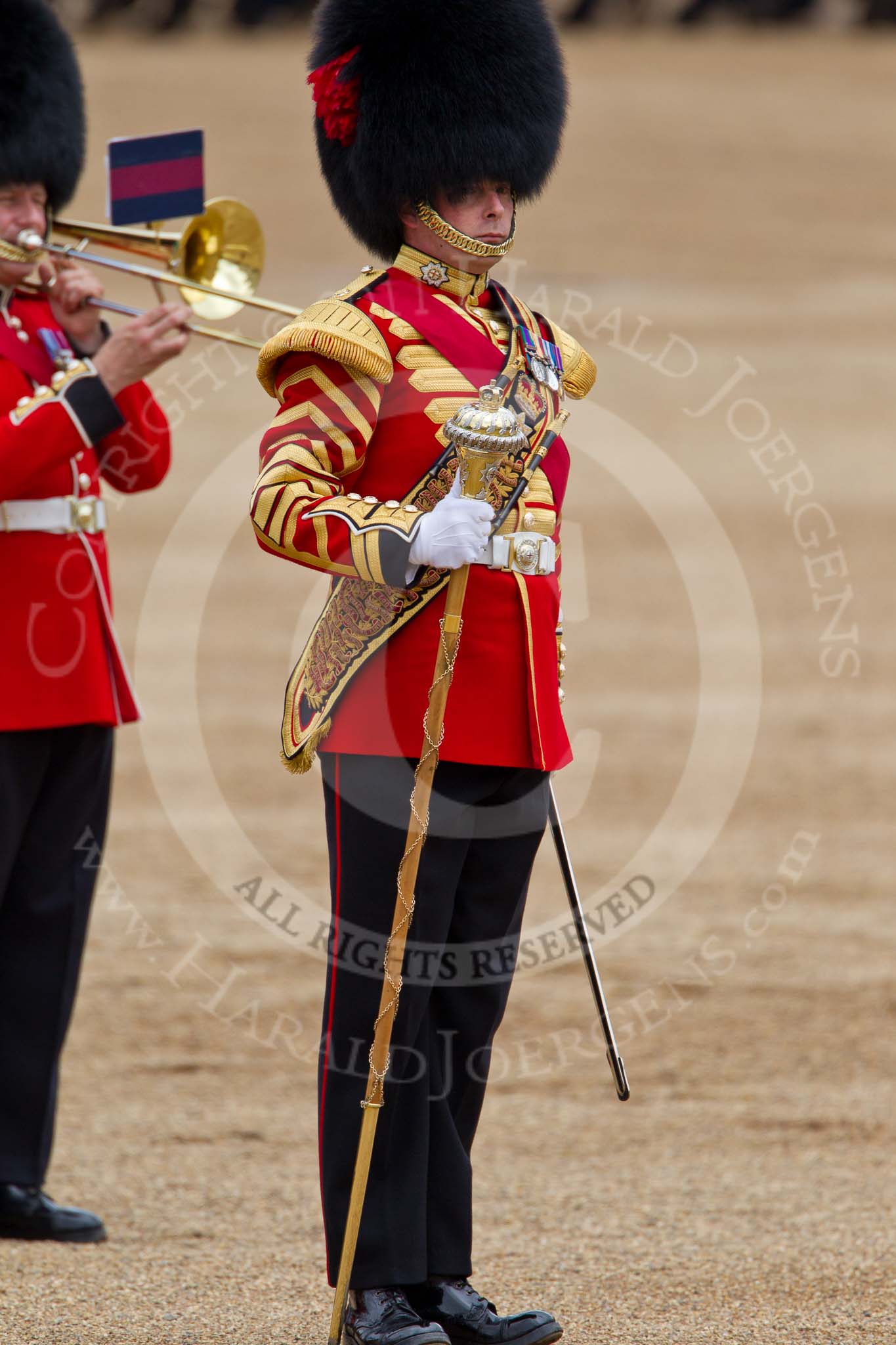 The Major General's Review 2011: Drum Major S Fitzgerald, Coldstream Guards, leading the Band of the Coldstream Guards..
Horse Guards Parade, Westminster,
London SW1,
Greater London,
United Kingdom,
on 28 May 2011 at 11:39, image #217
