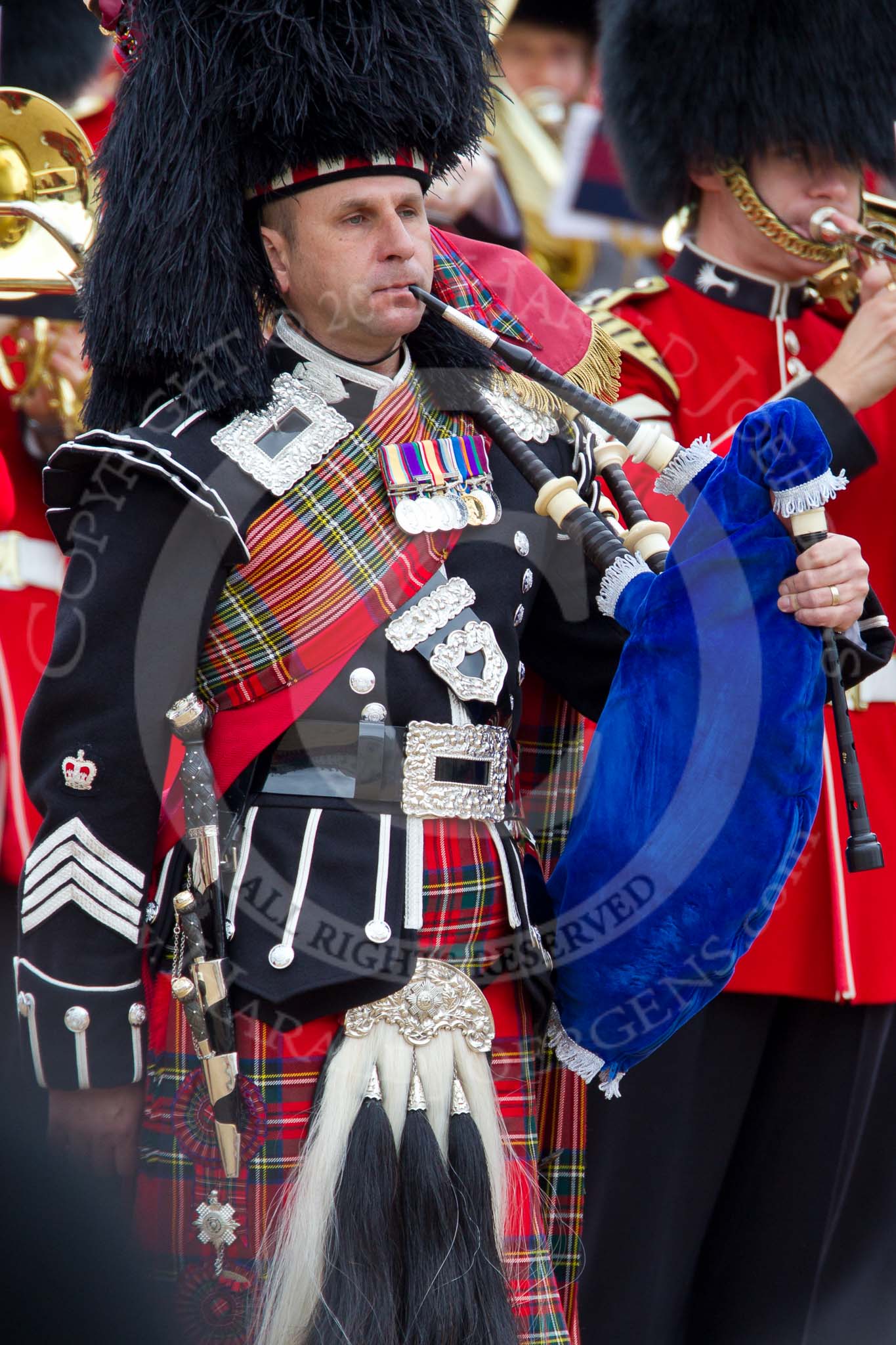 The Major General's Review 2011: Close-up of the Pipe Major of the Band of the Scots Guards, Brian Heriot..
Horse Guards Parade, Westminster,
London SW1,
Greater London,
United Kingdom,
on 28 May 2011 at 11:46, image #226